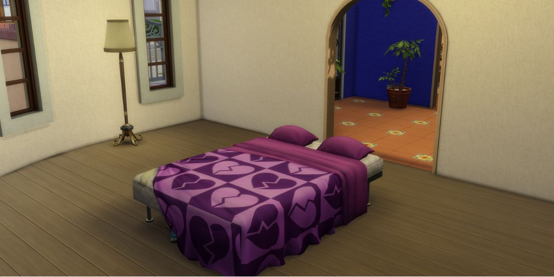A bed from the Sims 4. It is shoddily made.
