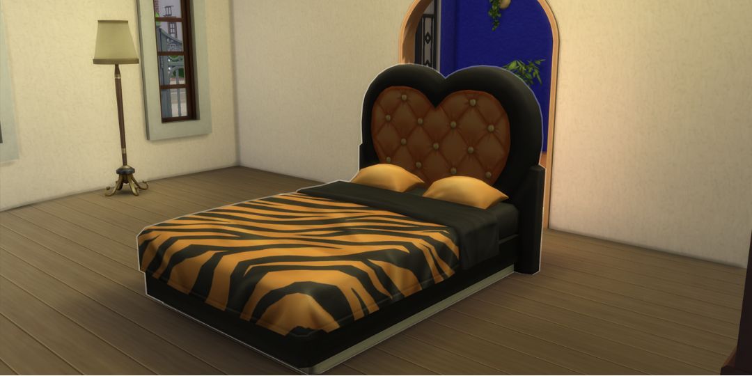A bed from the Sims 4. It has leopard print