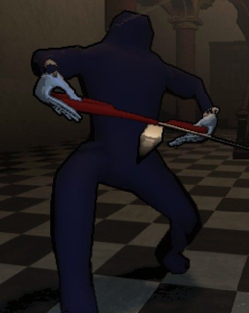 Close up image of a blue humanoid Barber with a giant pair of scissors in Lethal Company.