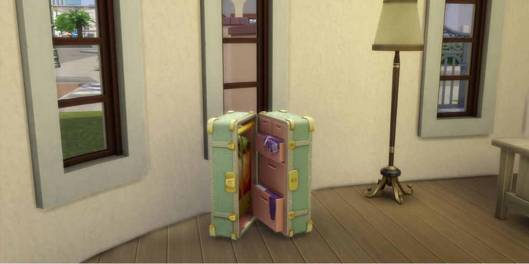 A costume trunk from the Sims 4. Multiple costumes are popping out of it.