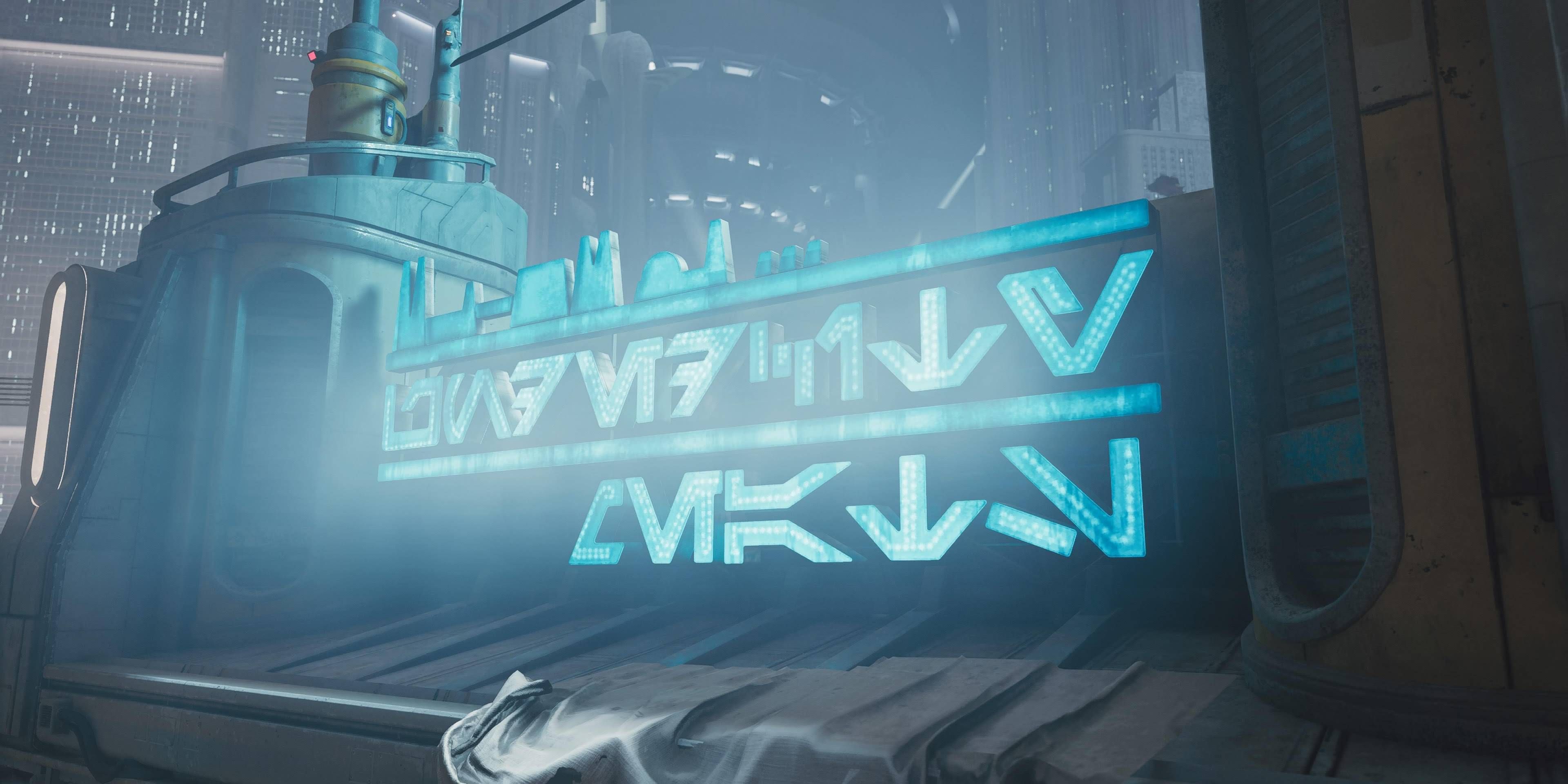 An Aurebesh neon sign on Coruscant in Star Wars Jedi: Survivor.