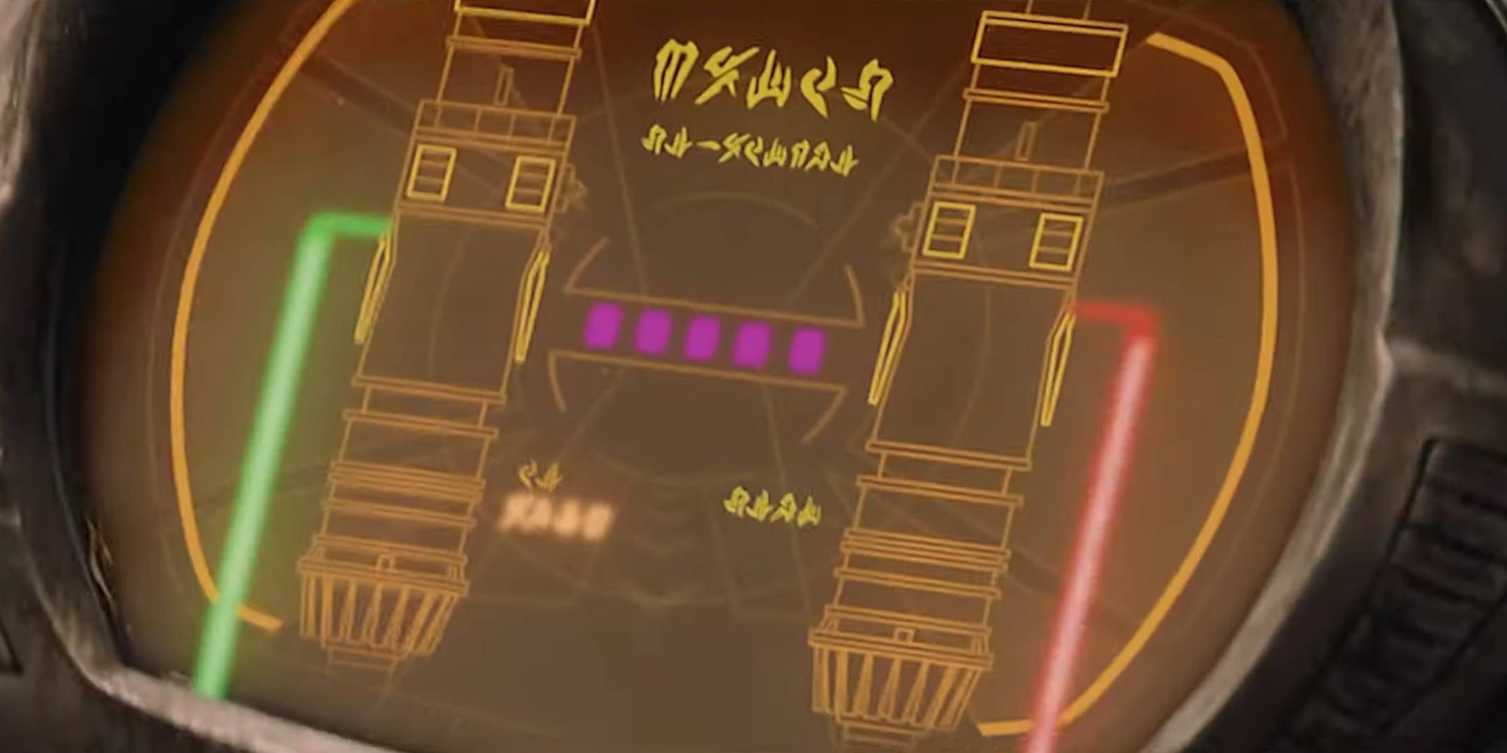 Anakin Skywalker's podracer readout showing his pod's status in Huttese writing in Star Wars: Episode 1: The Phantom Menace.