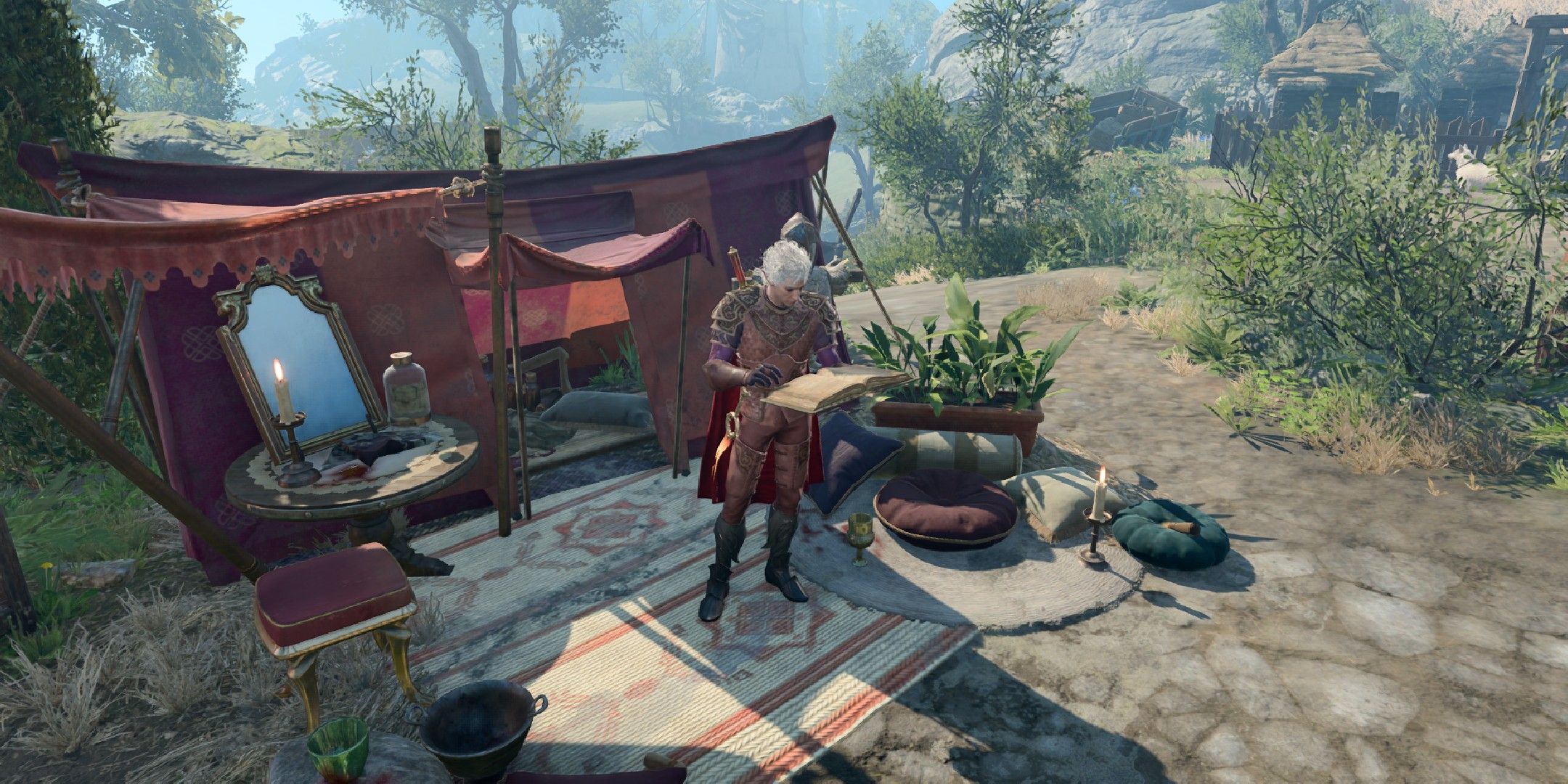 Baldur's Gae 3 image showing Astarion reading a book while in camp.