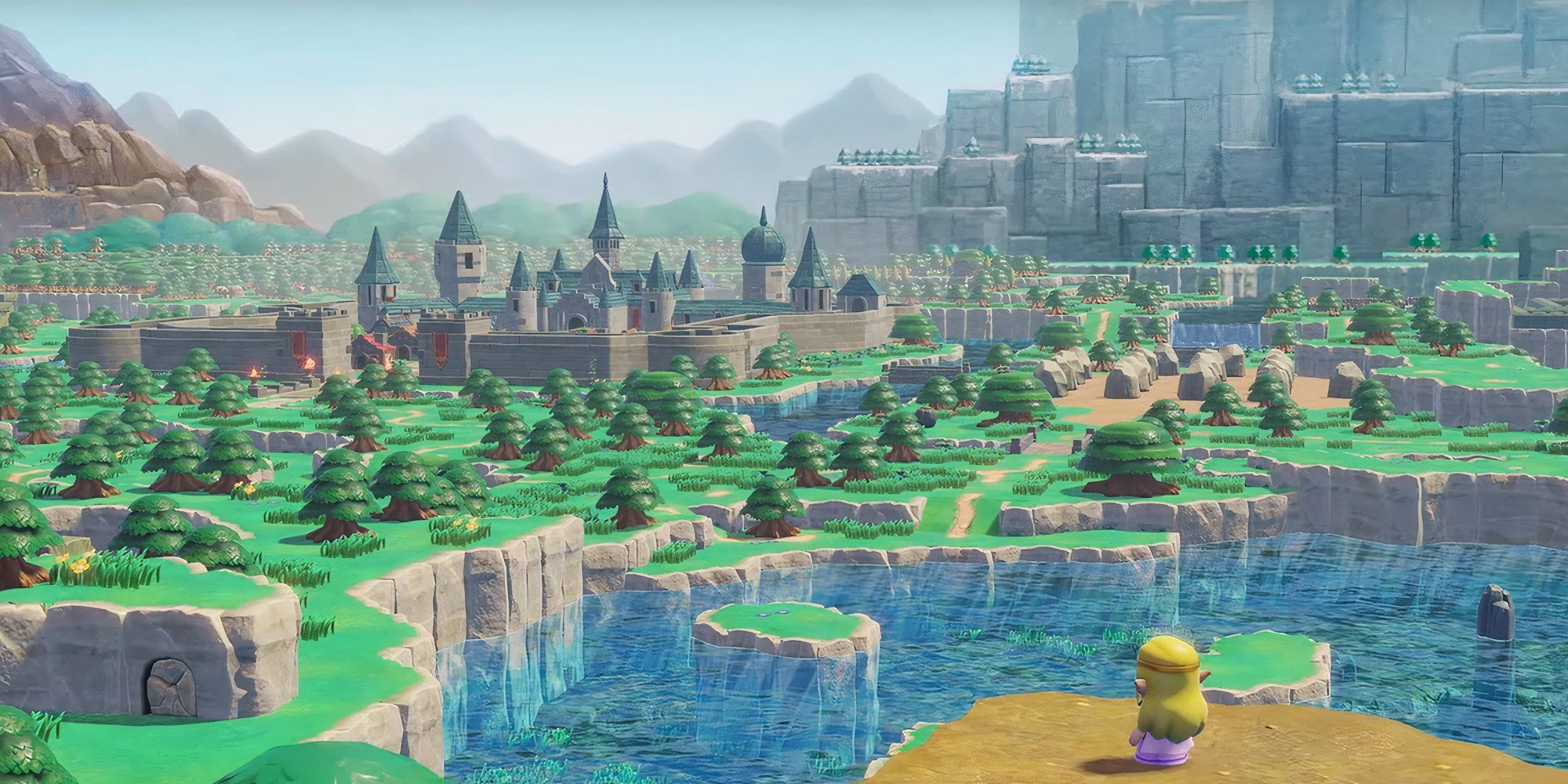 Zelda looking over Castle Town in a similar style to Breath of the Wild in Echoes of Wisdom.