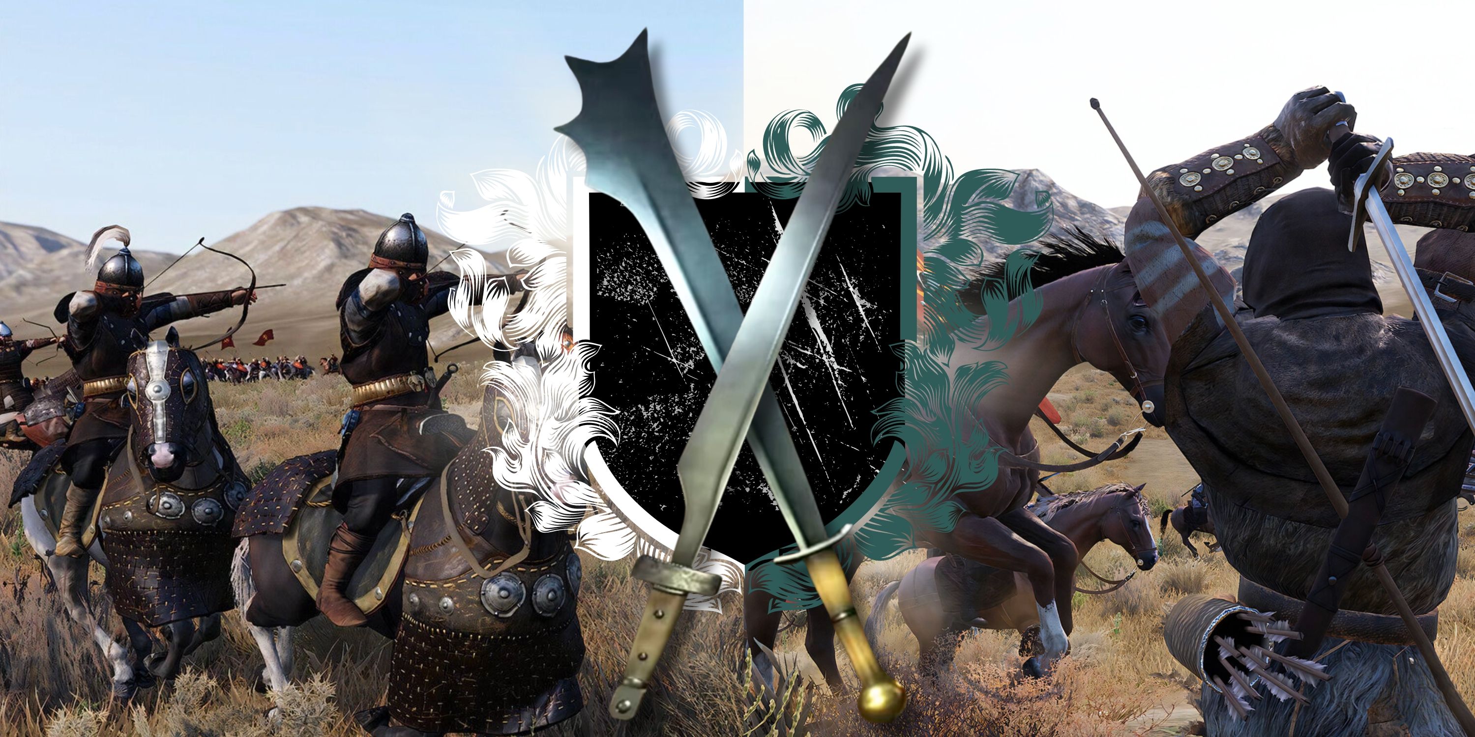Collage image featuring two battle scenes from Mount and Bannerlord 2 along with a dual sword and shield emblem in front