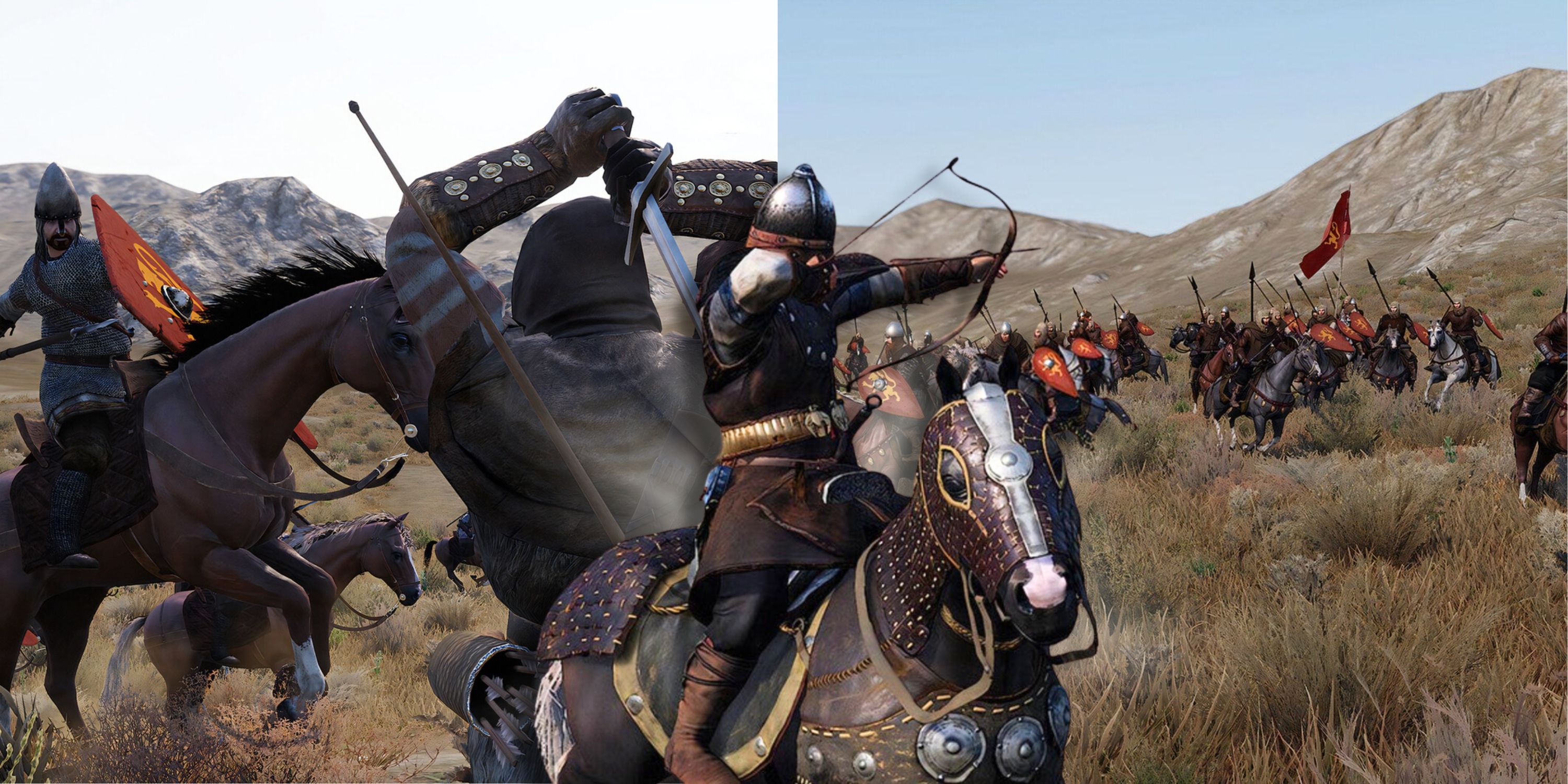 Collage image featuring two different battles in Mount and Blade with an archer on horseback in front