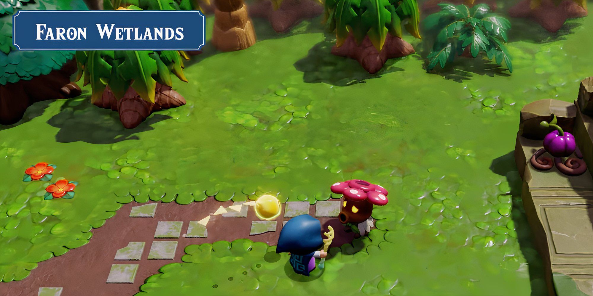 Zelda talking to deku scrub in Faron Wetlands in Echoes of Wisdom.