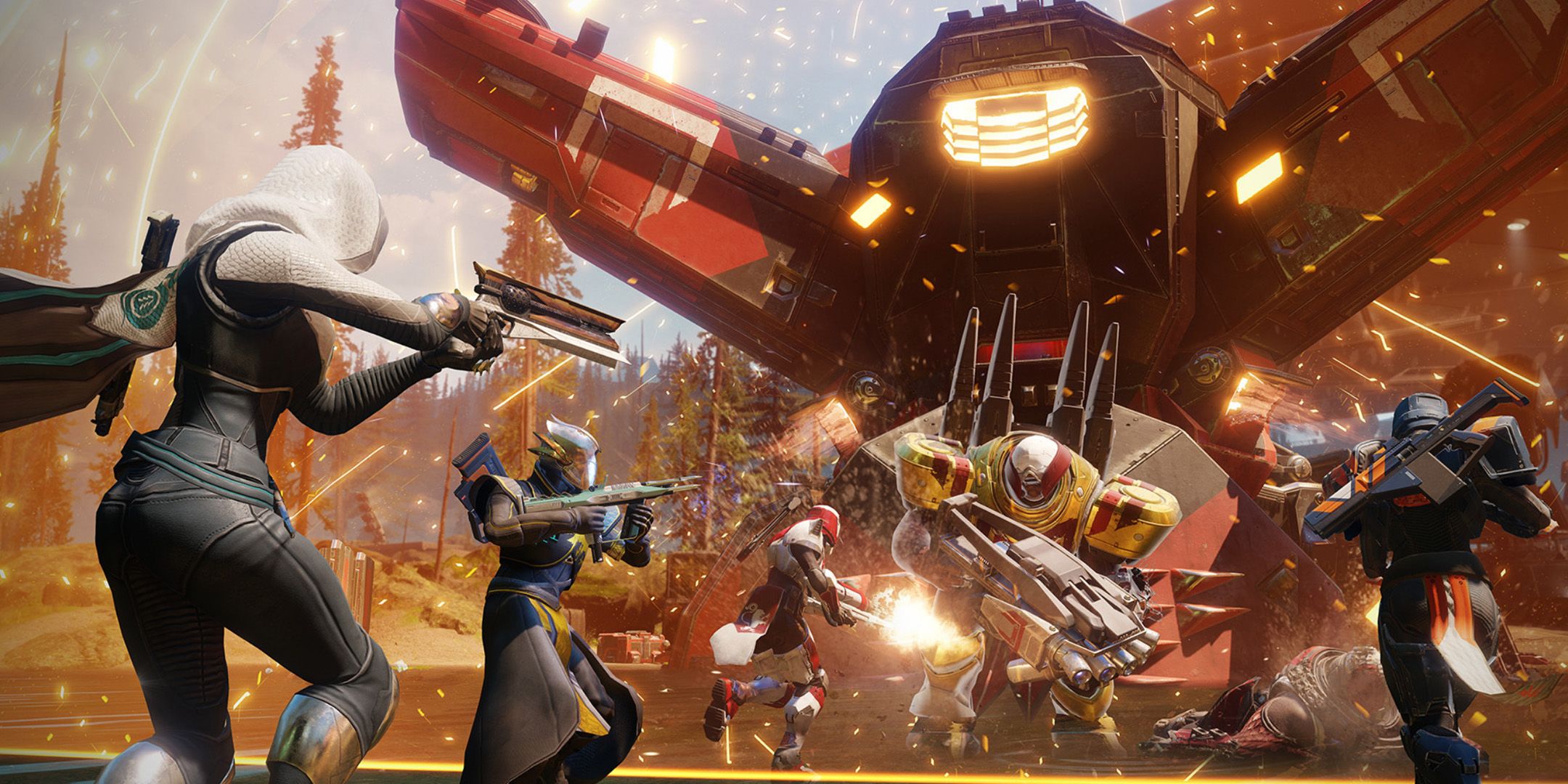 A squad of warriors shooting a massive, armor-wearing gunman in Destiny 2.