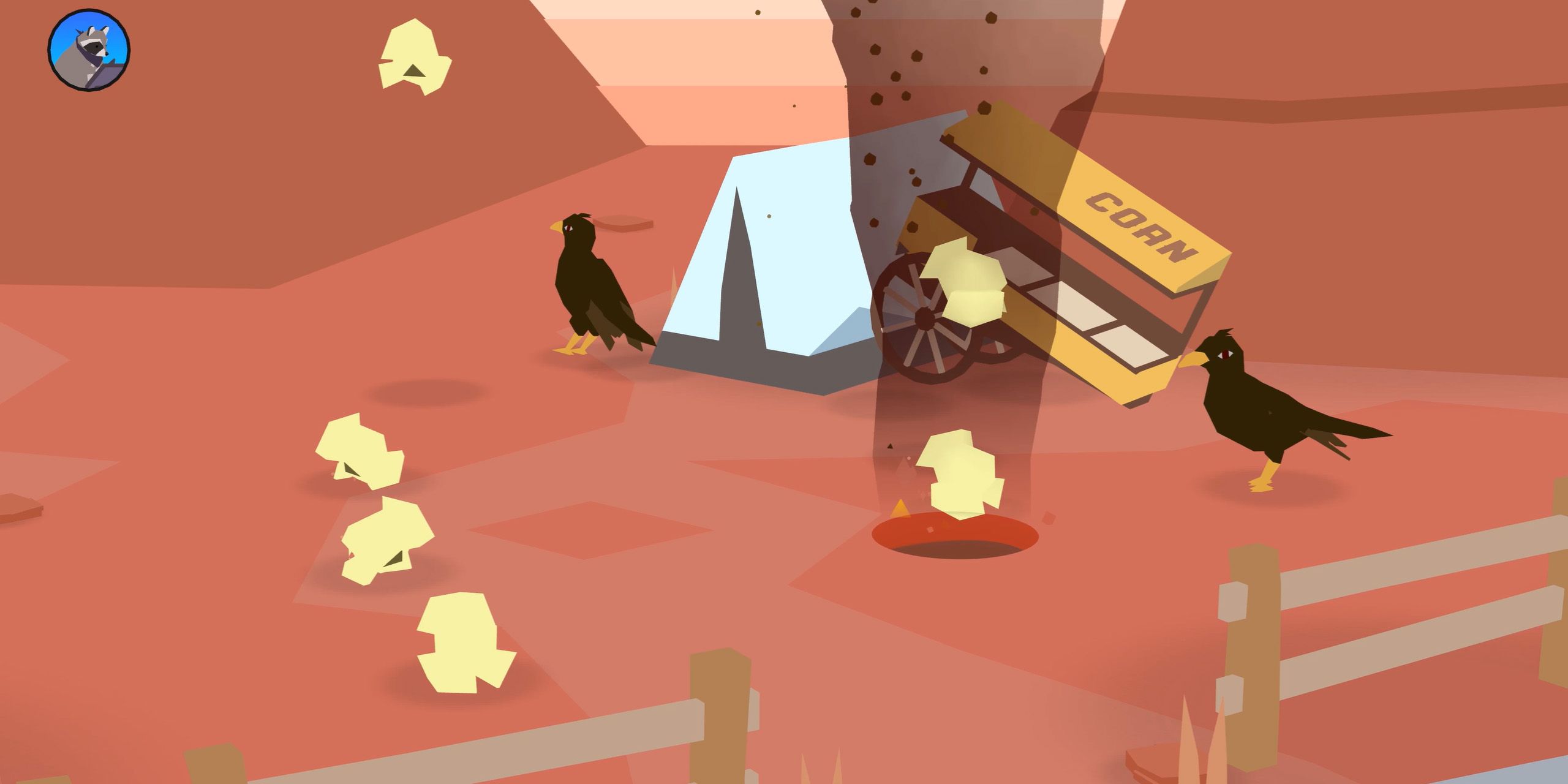 Popcorn erupts from a smoking hole in the ground while two crows watch from Donut County.