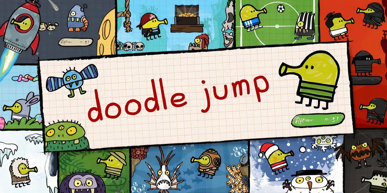 Title card for Doodle Jump, showing various themed levels.