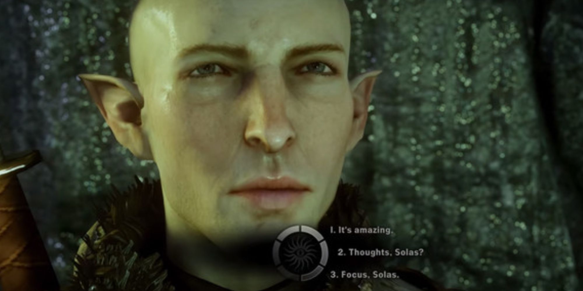 Solas and the dialogue wheel in Dragon Age Inquisition.