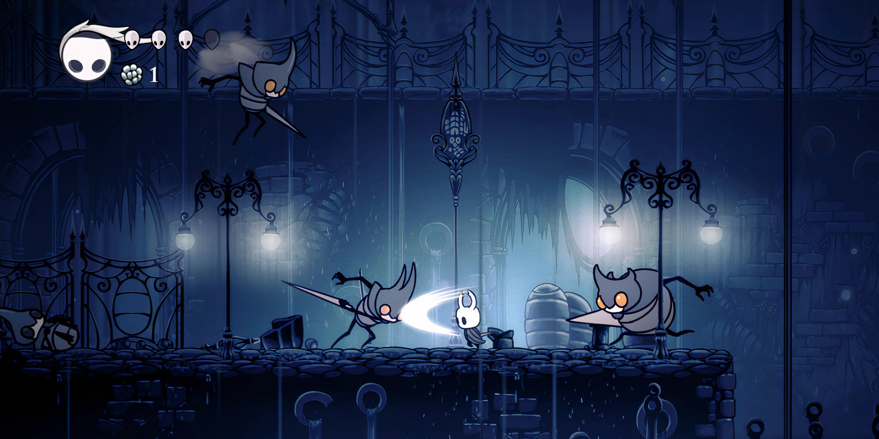 Fighting enemies and bosses in Hollow Knight.