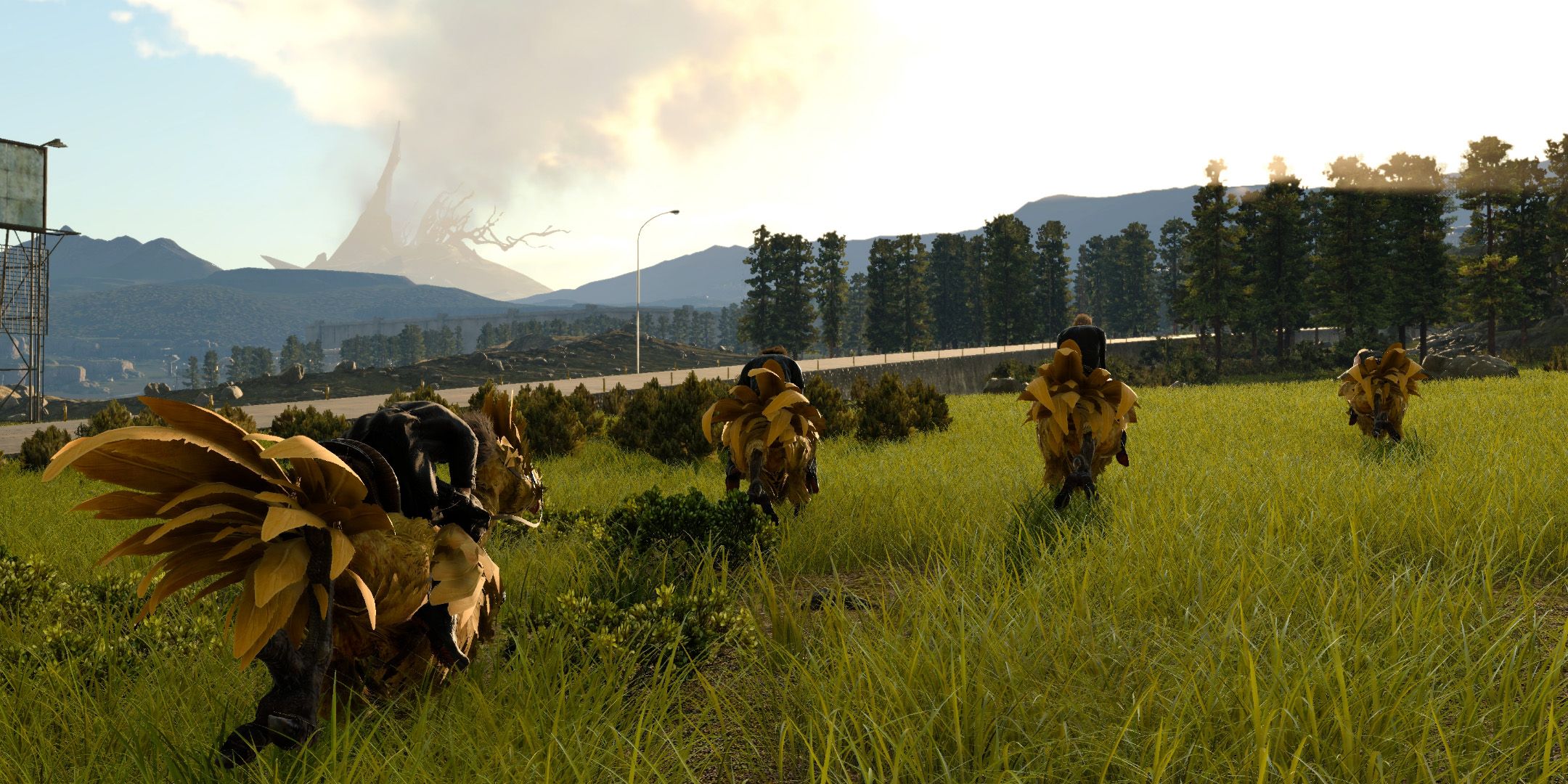 Noctis Lucis Caelum and his party riding Chocobo across a field in Final Fantasy 15.