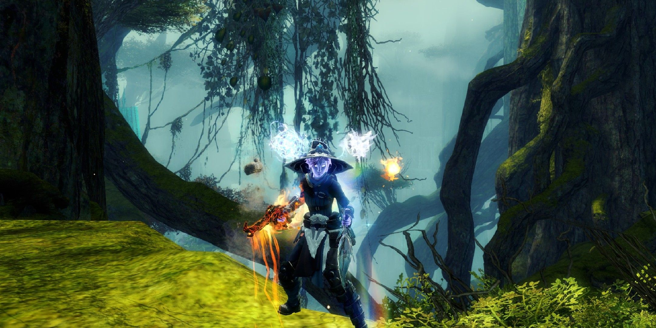 Guild Wars 2 image showing an elementalist player wielding a pistol with elemental bullets.