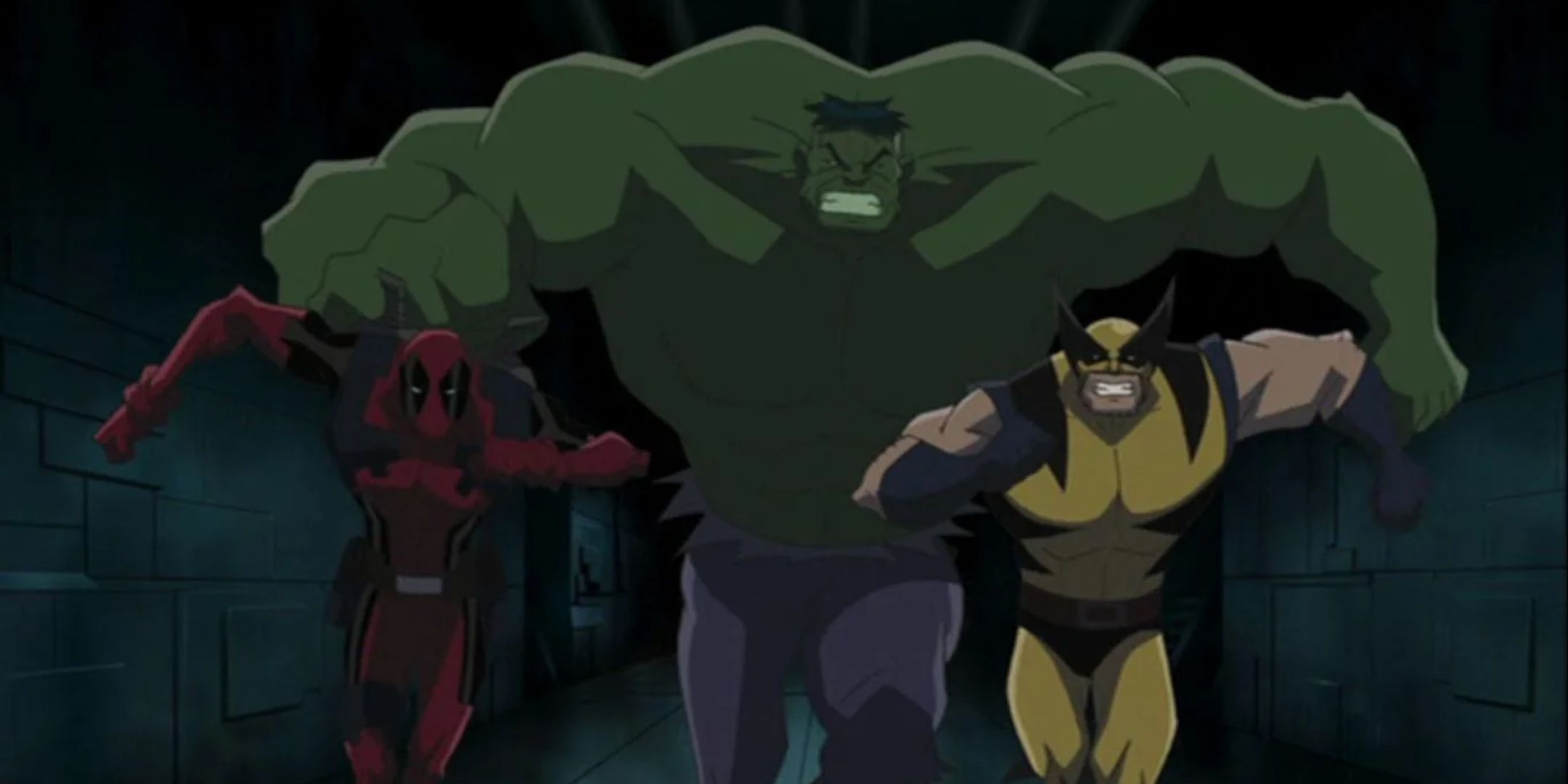Hulk Vs Wolverine movie screenshot of Hulk chasing Deadpool and Wolverine