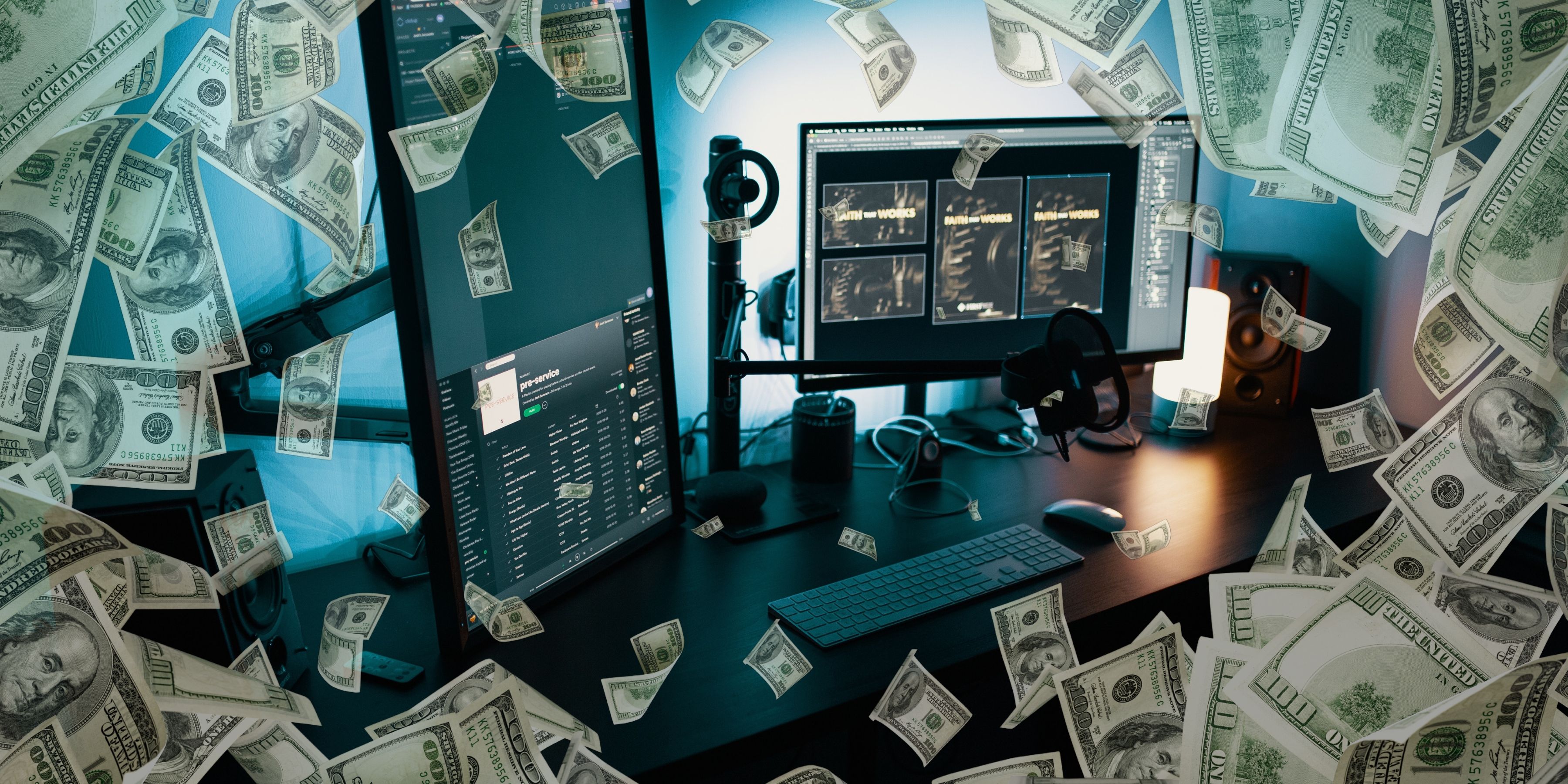 Image of a cool gaming setup with a money border.