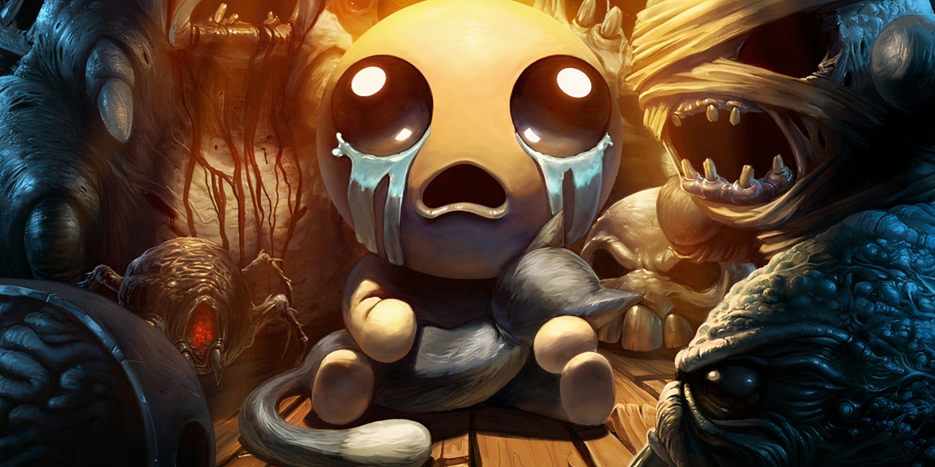 Isaac holds a cat while enemies surround him in The Binding of Isaac.