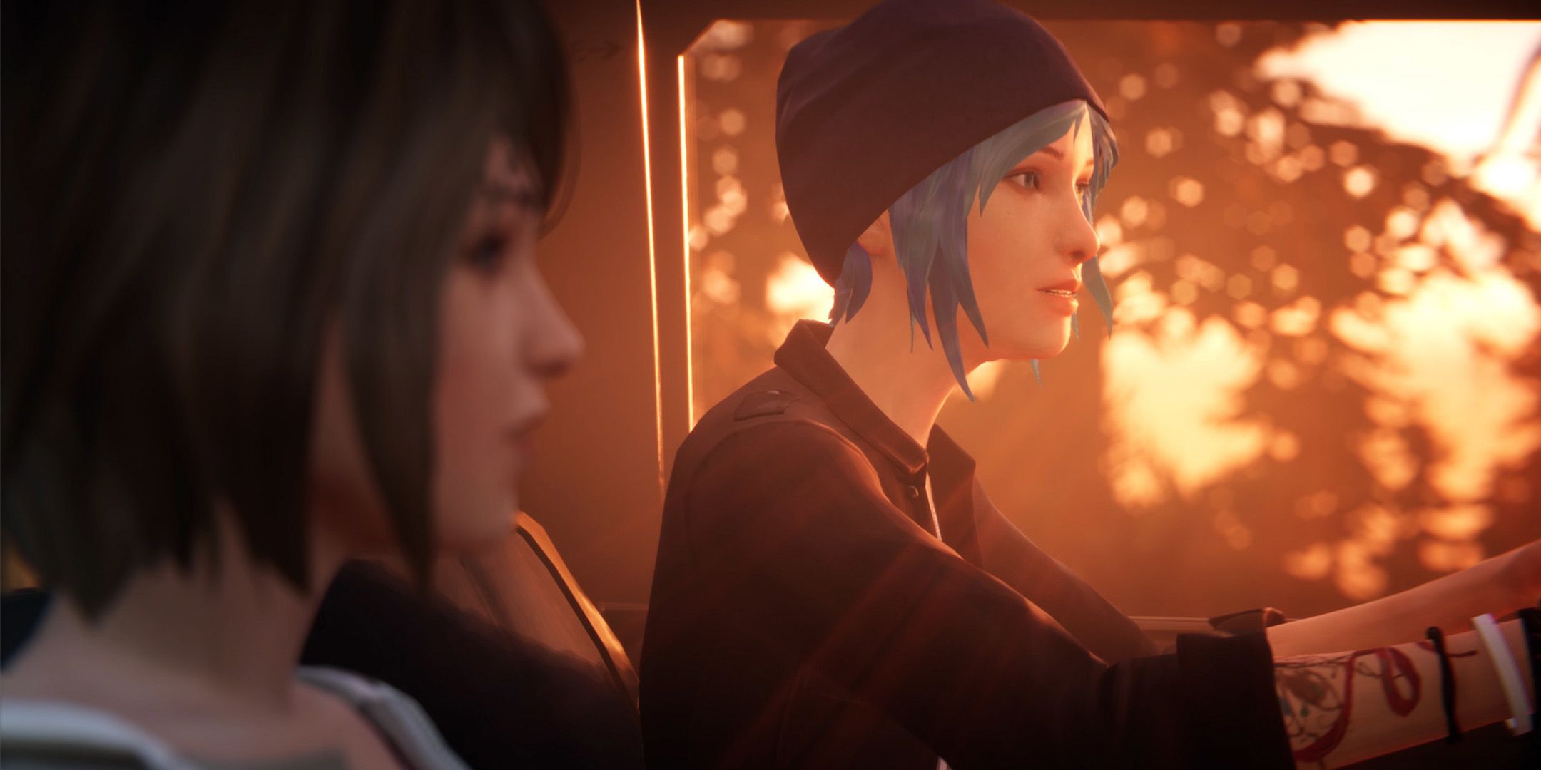 Max and Chloe driving a car during sunset in Life is Strange.