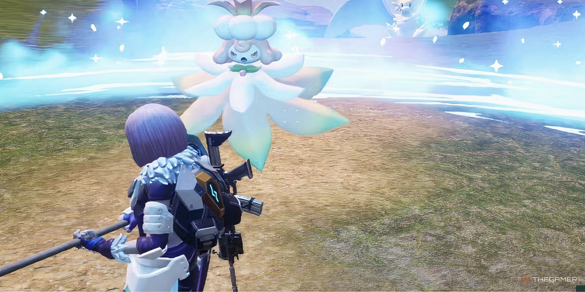 Lullu using the Holy Burst move on a player in Palworld.