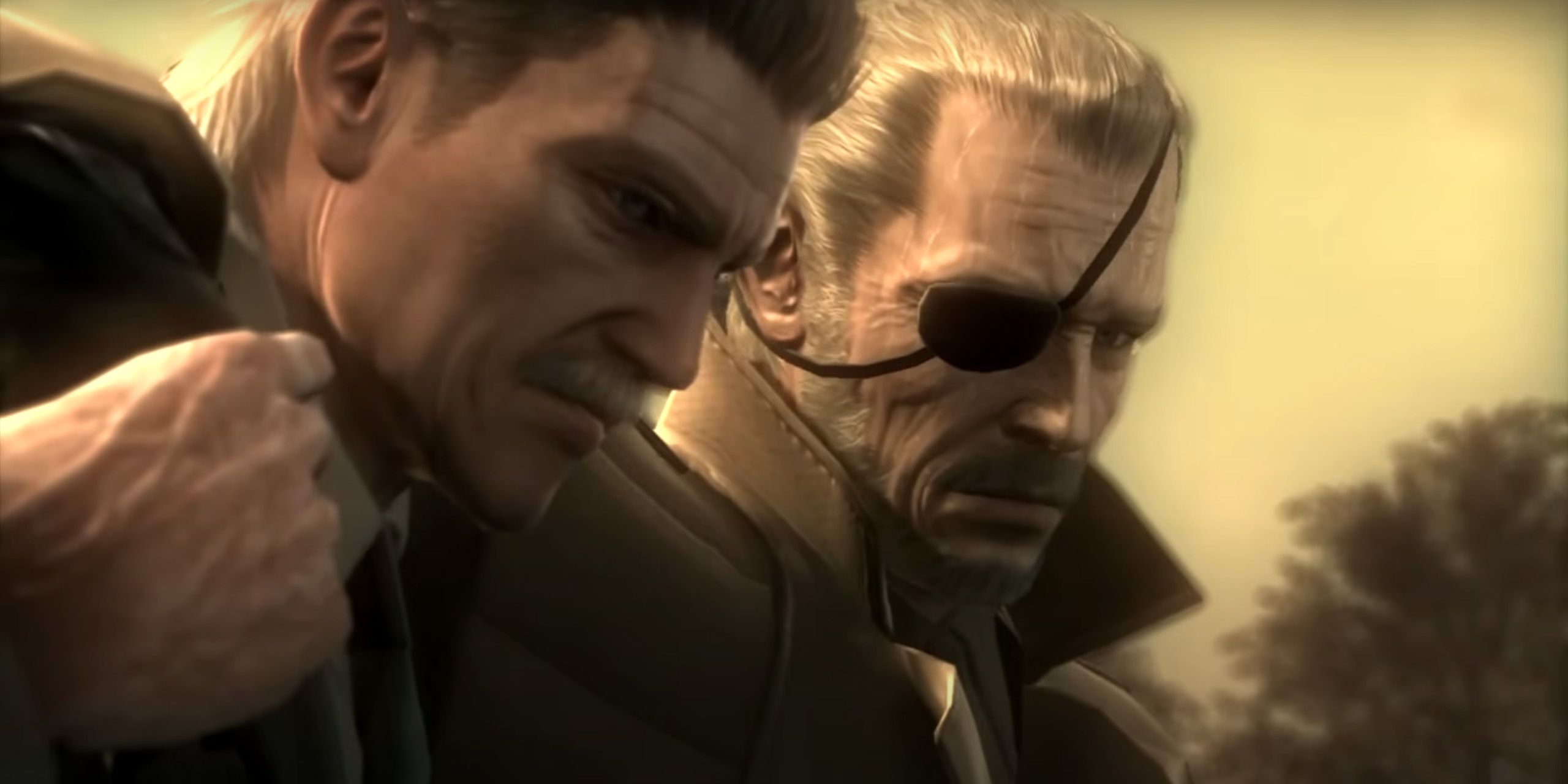 Solid Snake standing next to Big Boss in a graveyard from Metal Gear Solid 4.