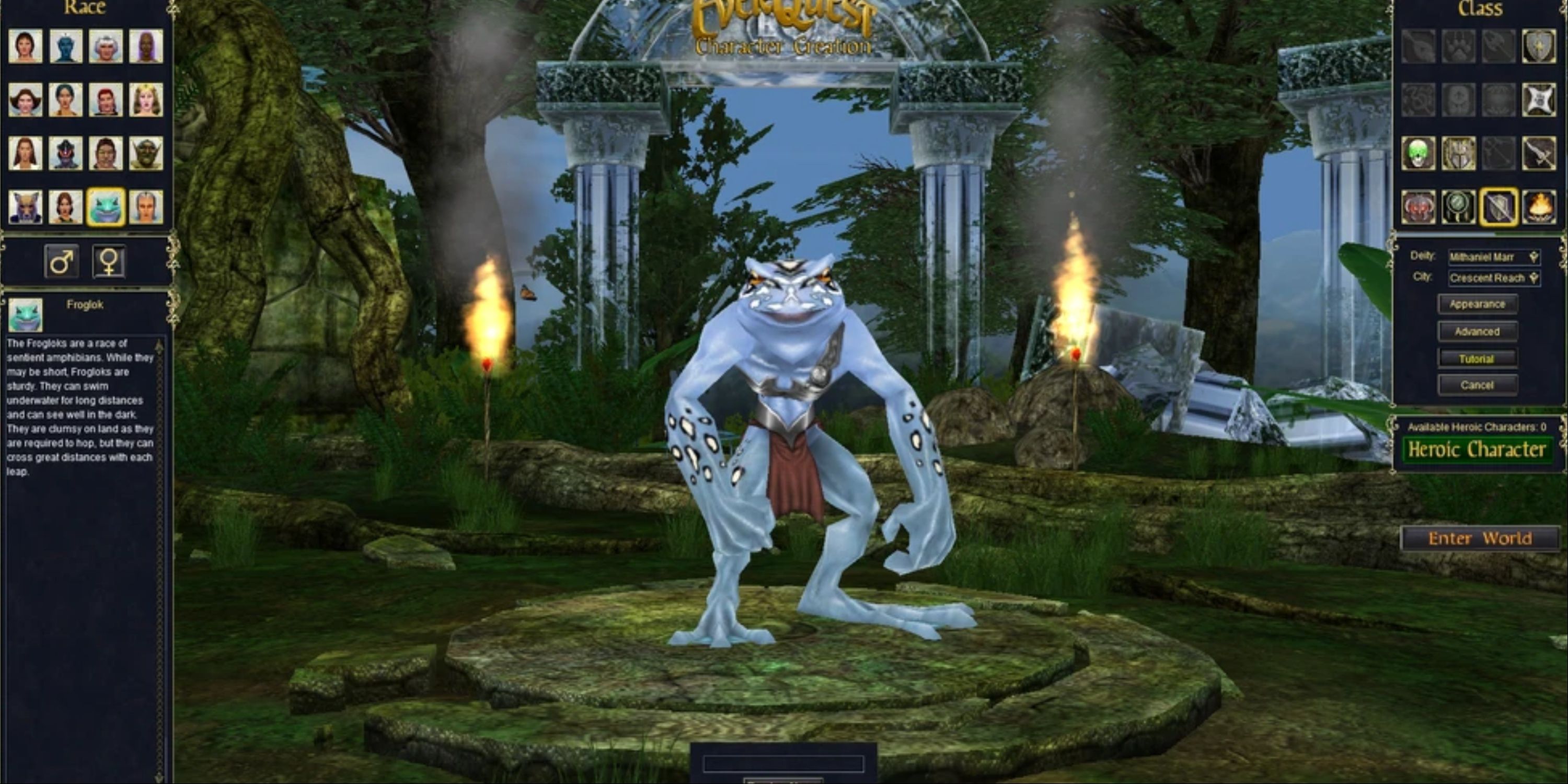 The character creation screen of Everquest, displaying the race and class options available.