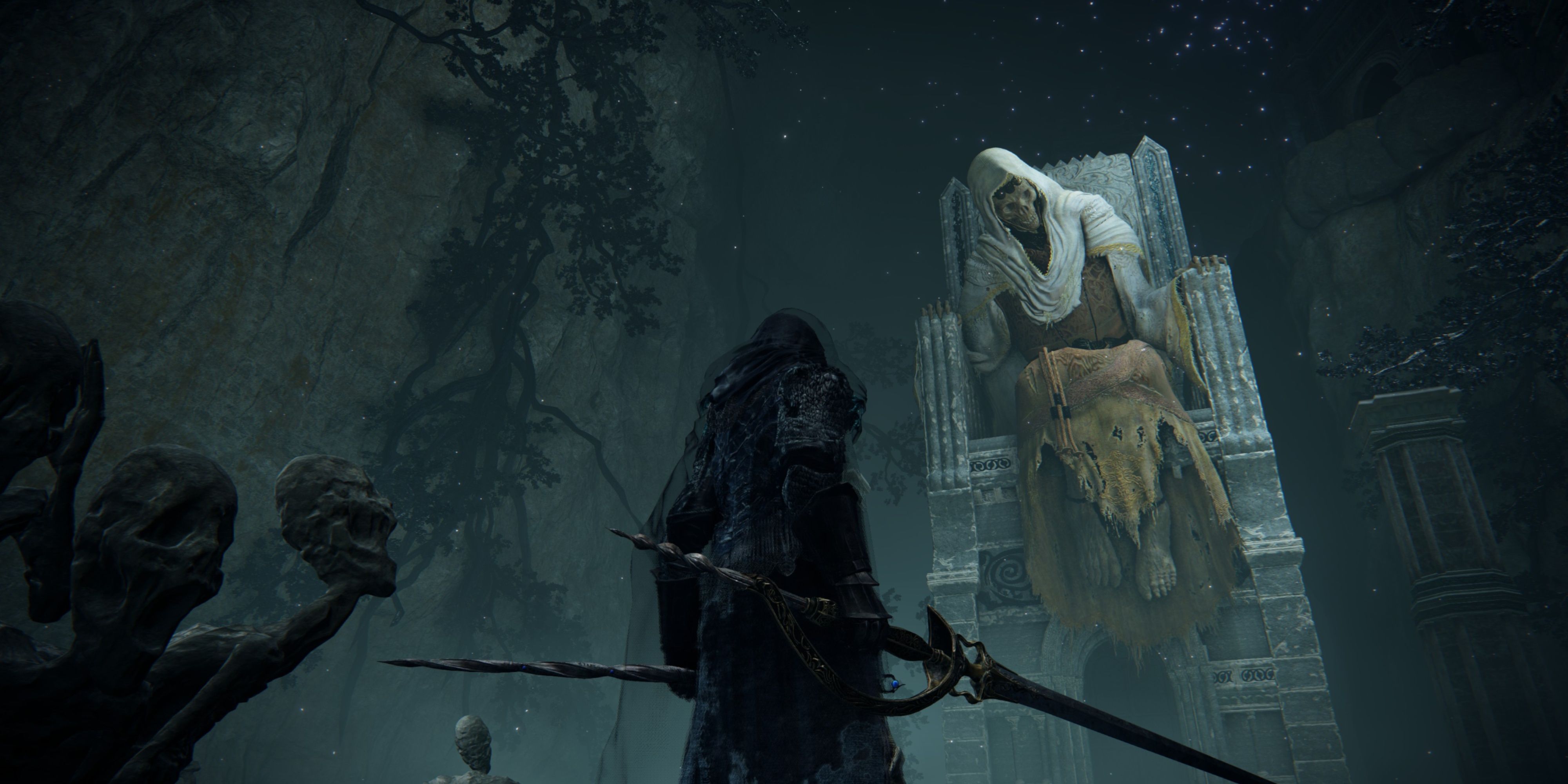 A giant skeleton and throne in Ainsel River from Elden Ring.