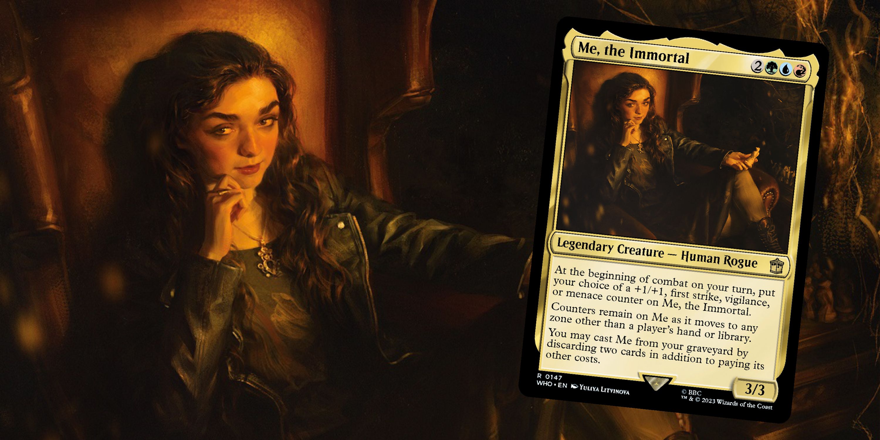 Me the Immortal card artwork with the card next to it.