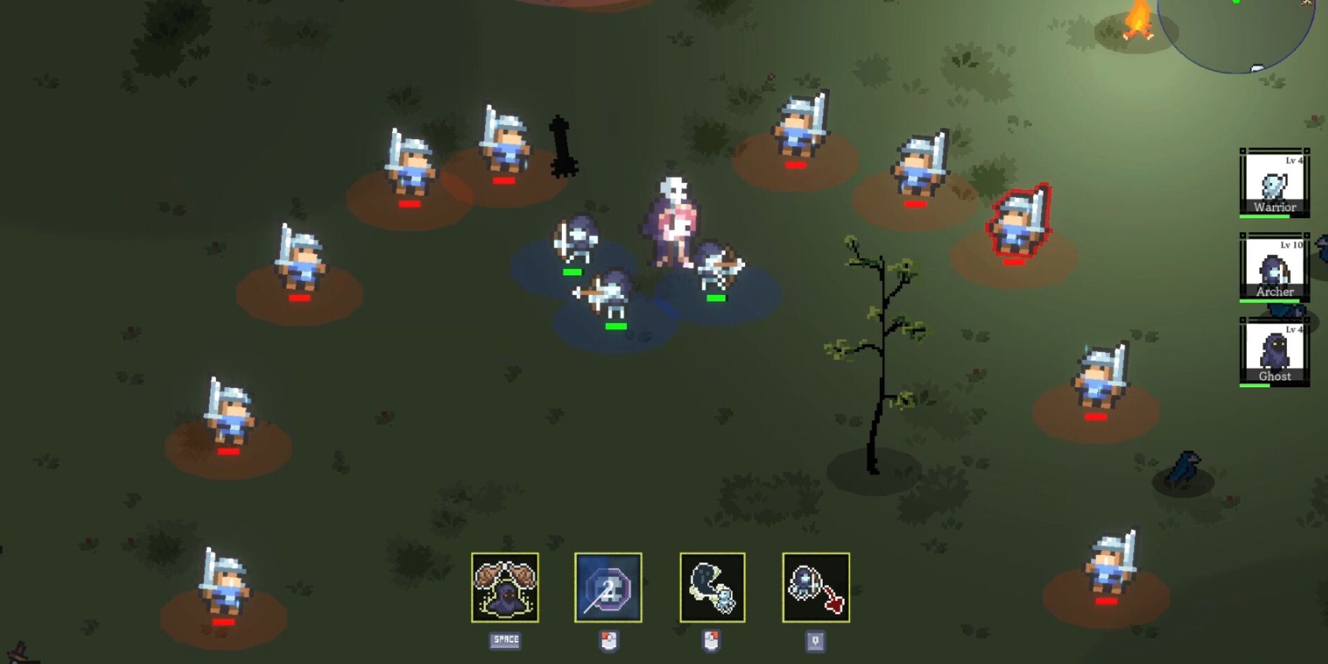 The Necromancer and his three minions surrounded by knights in Necro Rumble.