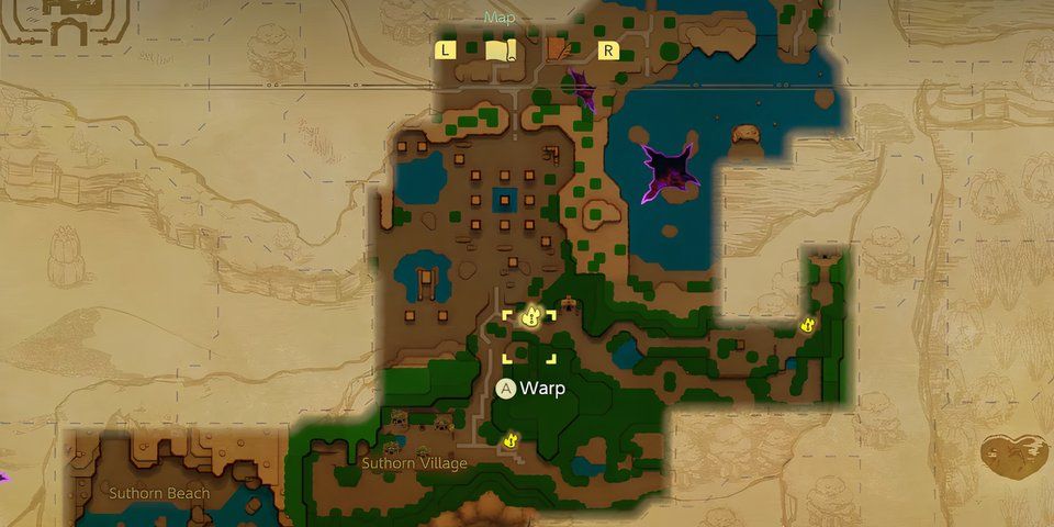 Obscured map showing warp points in Echoes of Wisdom.