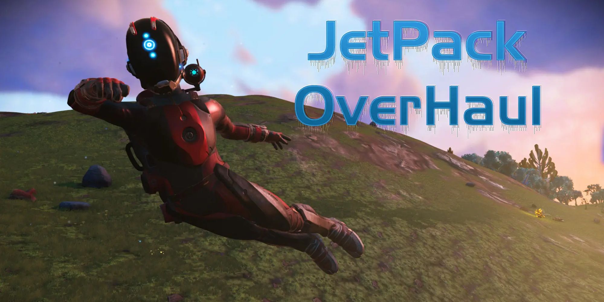 Flying over the planet with a jetpack in No Man's Sky.