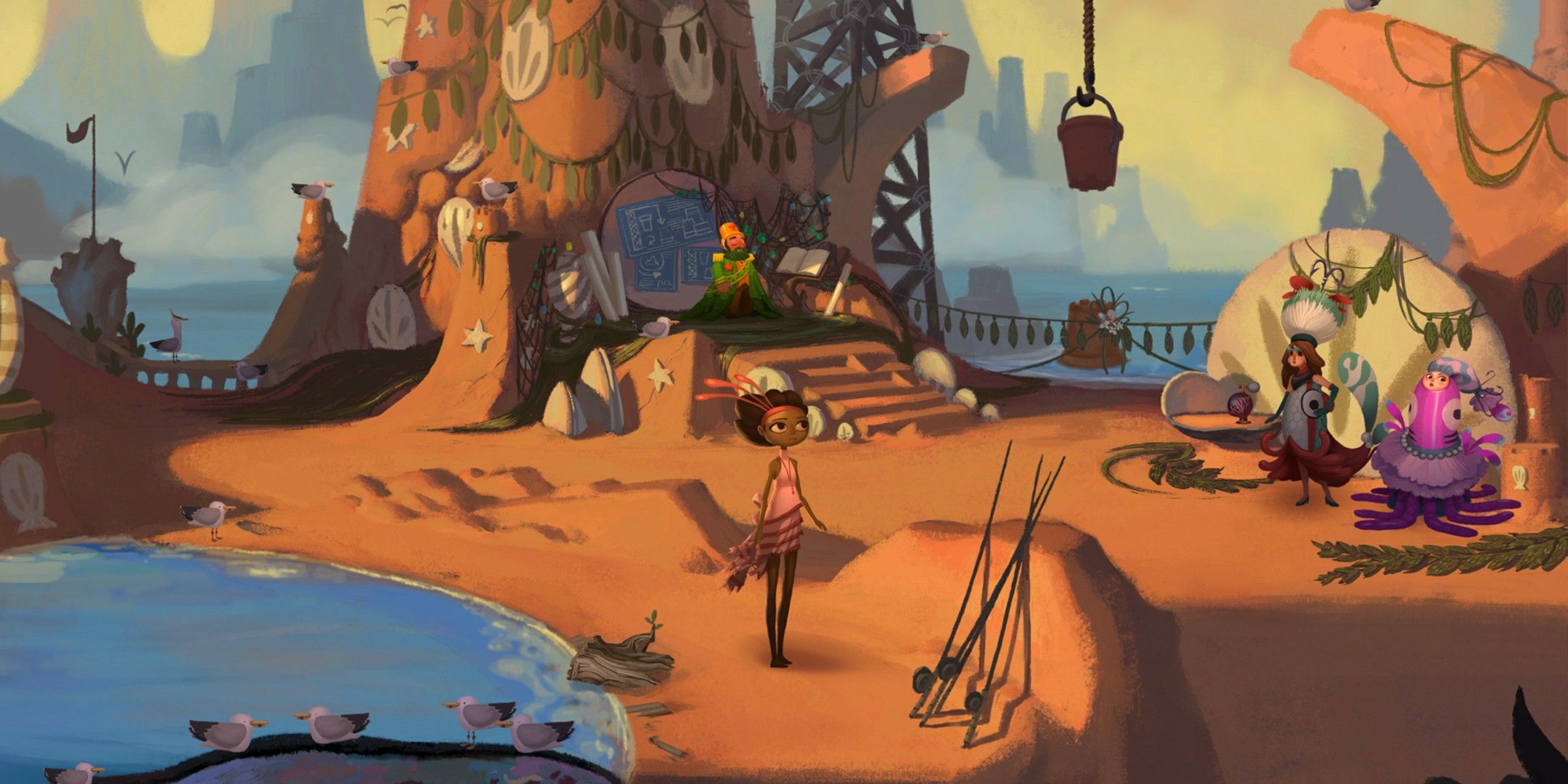 Woman standing in a mountain village in Broken Age.