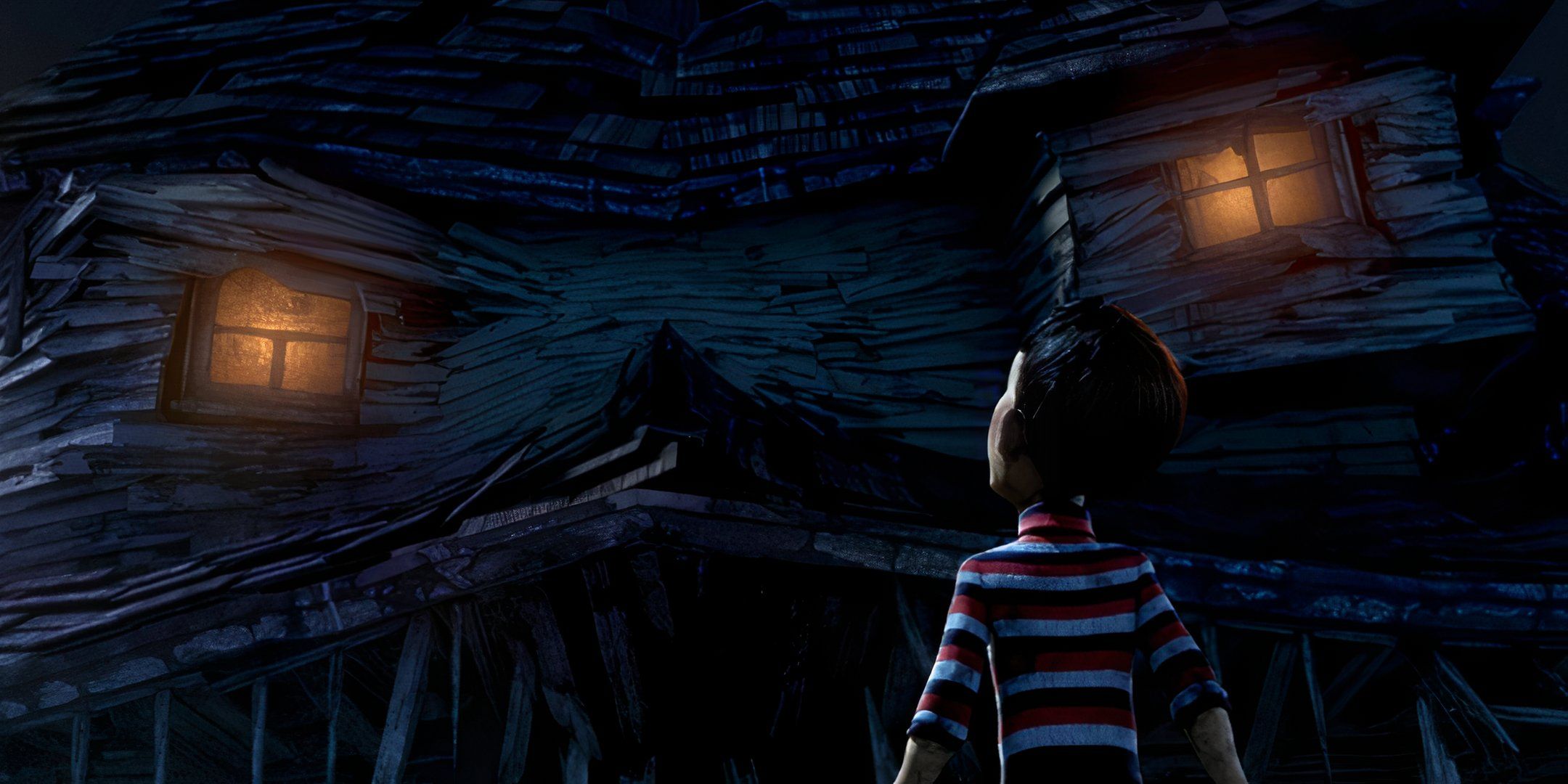 DJ from Monster House looking up at angry house in the dark.