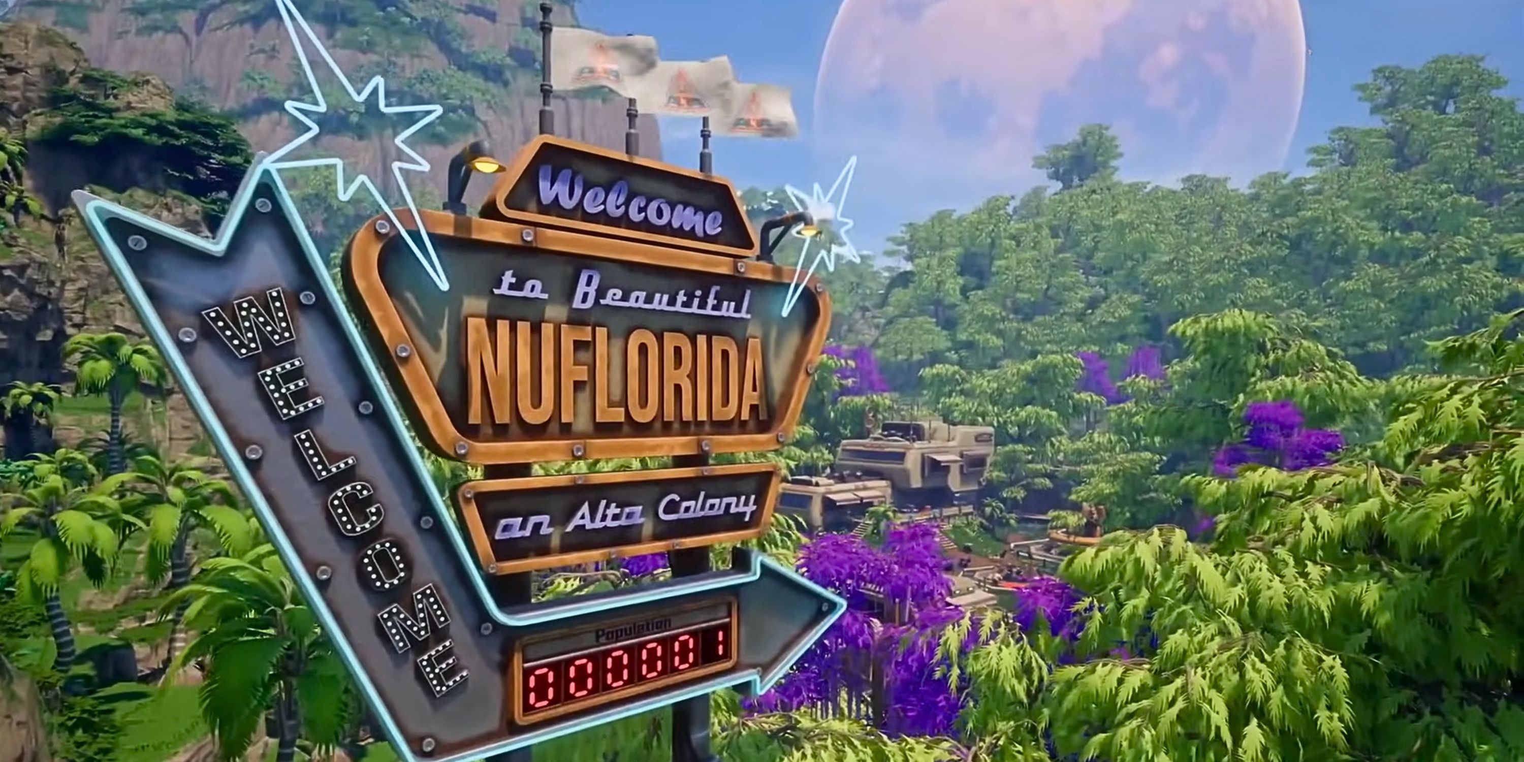 Revenge Of The Savage Planet NuFlorida Sign in front of Jungle backdrop