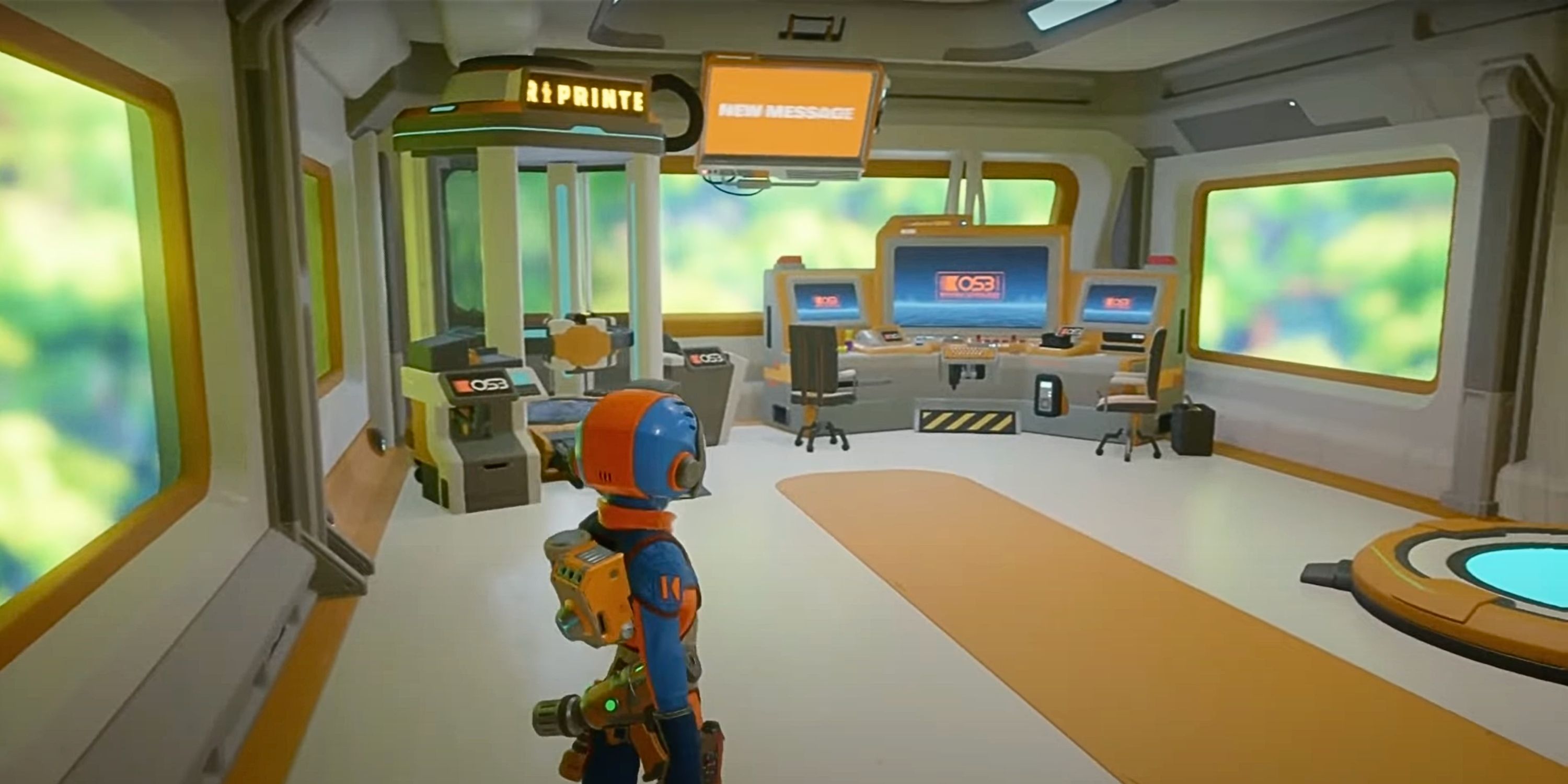 Revenge Of The Savage Planet player walking inside home base with computer in the background