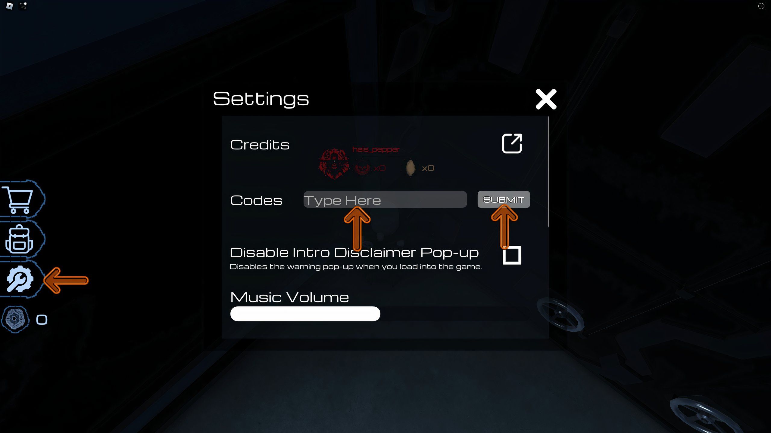 the settings menu in Pressure on Roblox