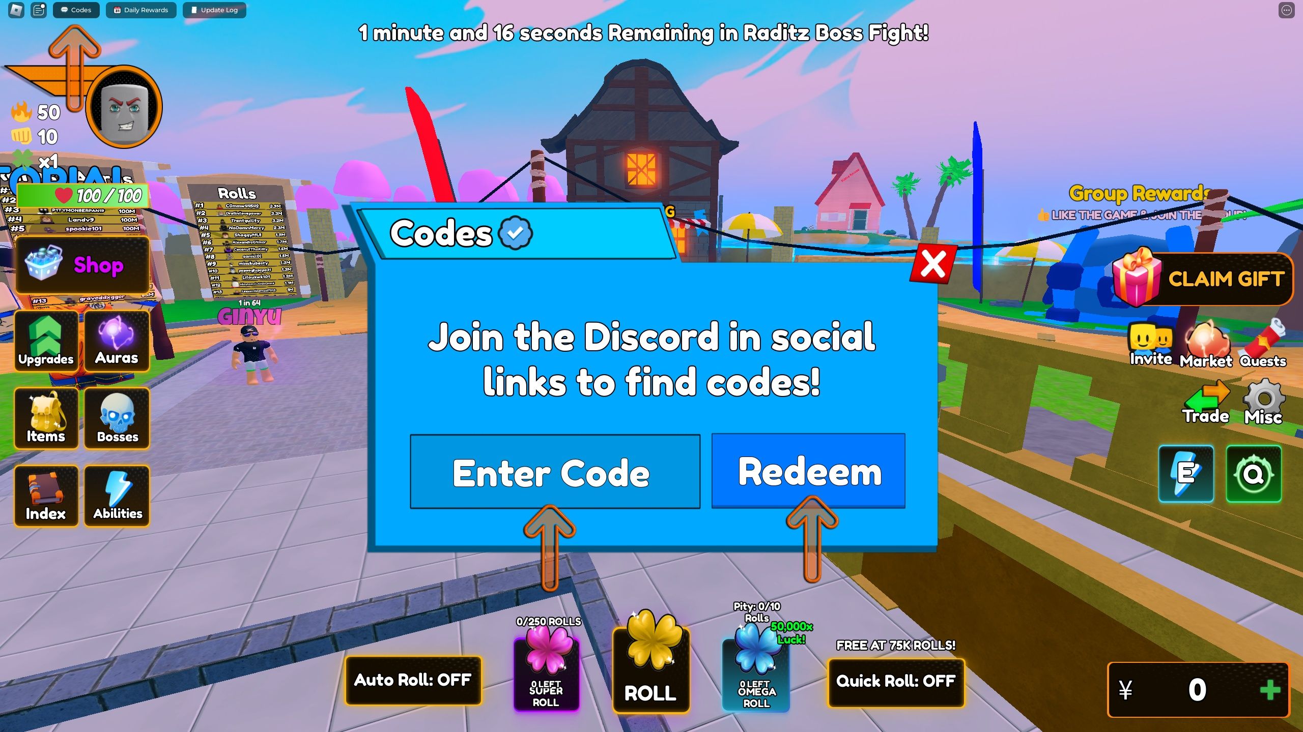 the codes box in Dragon Ball RNG on Roblox