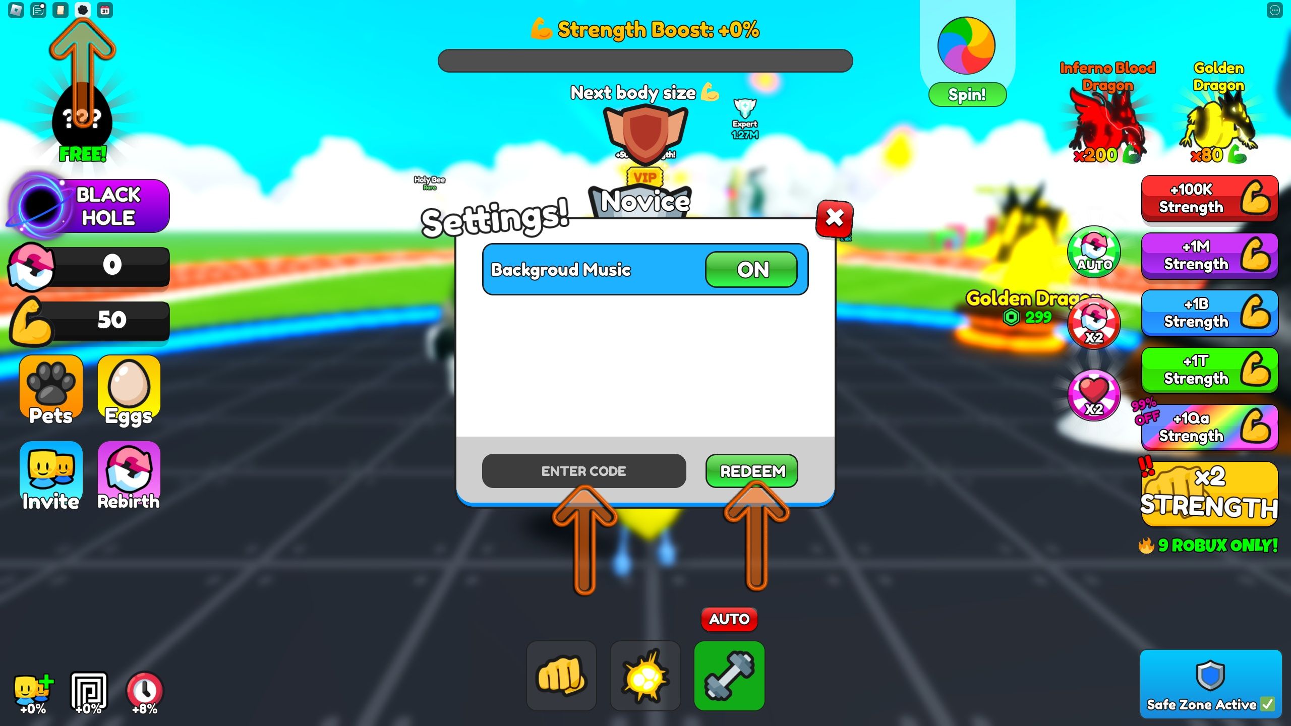 the setting menu in Push-Up Training Simulator on Roblo