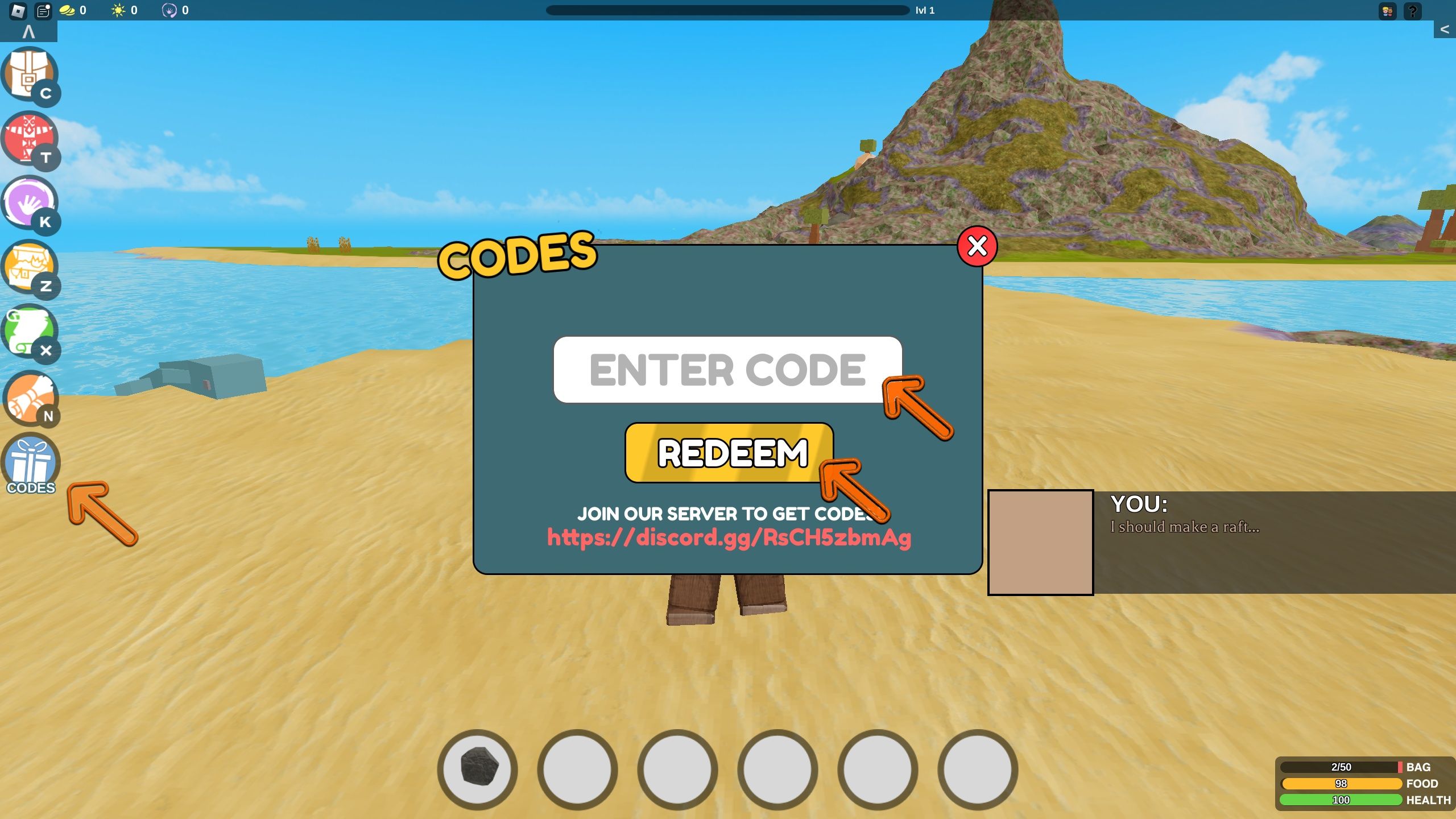 the codes box in Survival Odyssey on Roblox