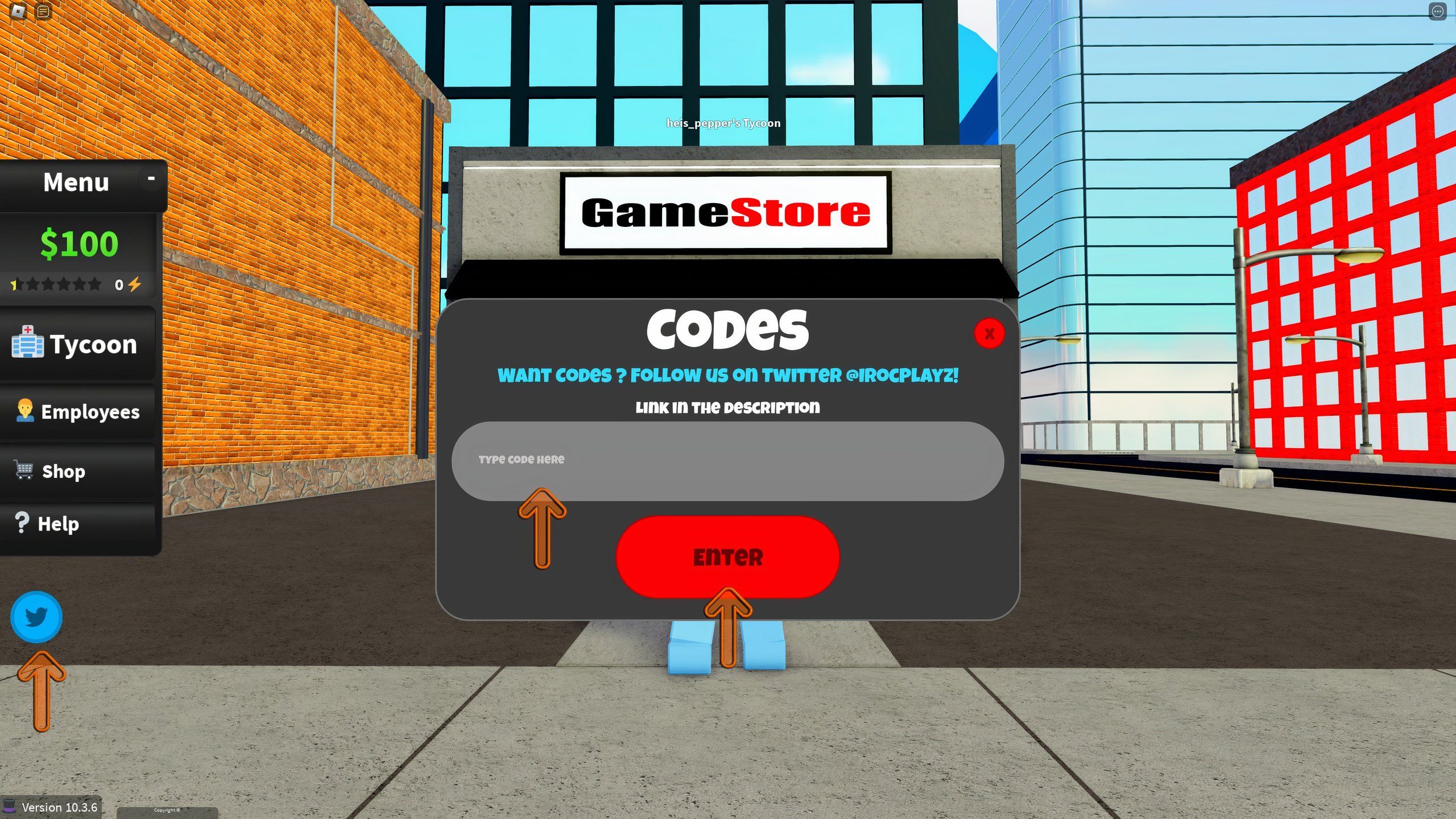 the codes box in Game Store Tycoon on Roblox