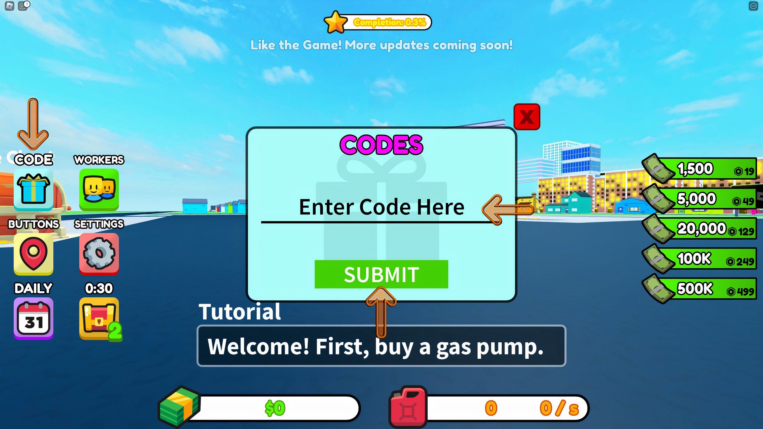 the codes box in Gas Station Tycoon 2 on Roblox