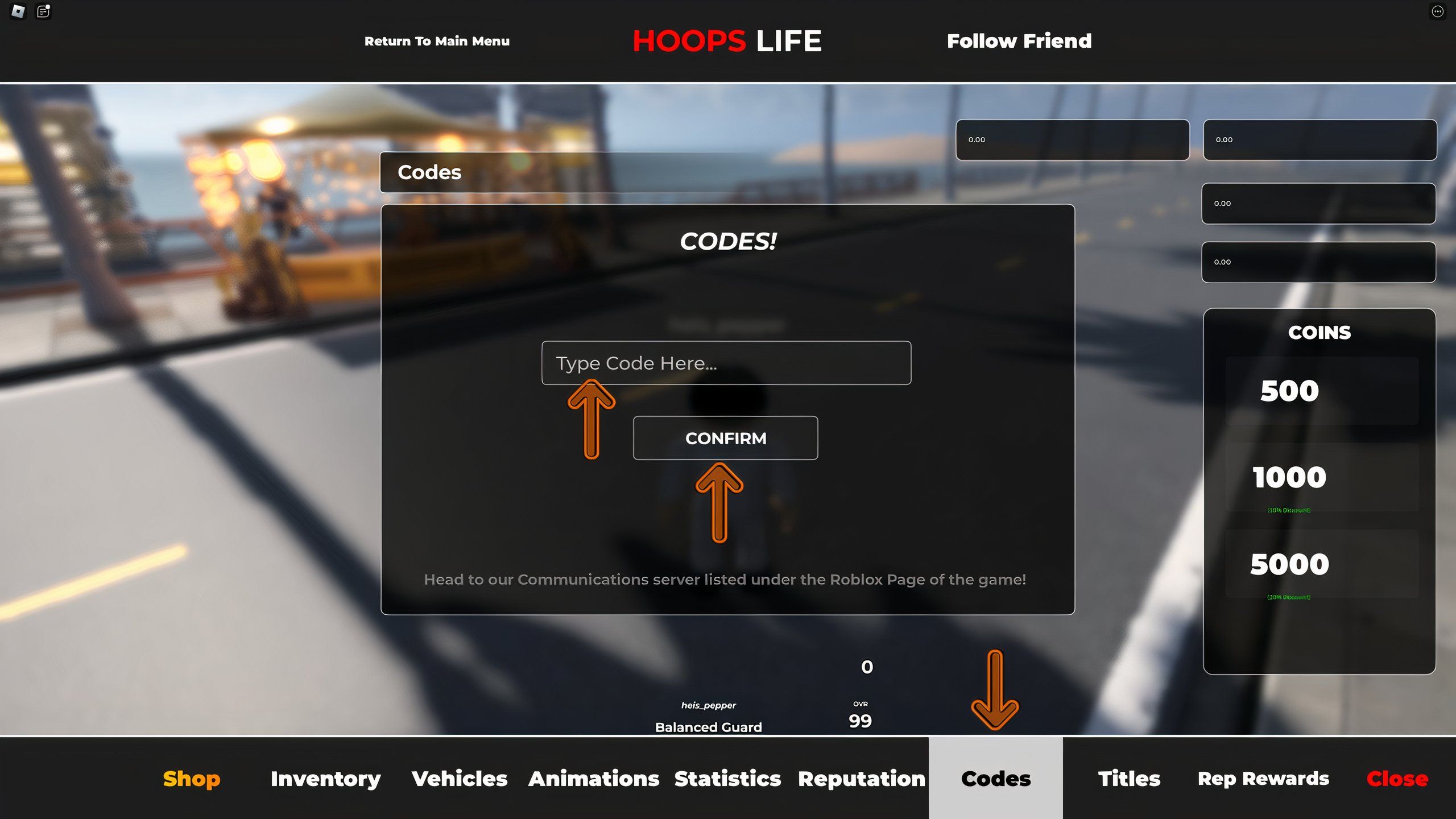 the codes box in Hoops Life Basketball on Roblox