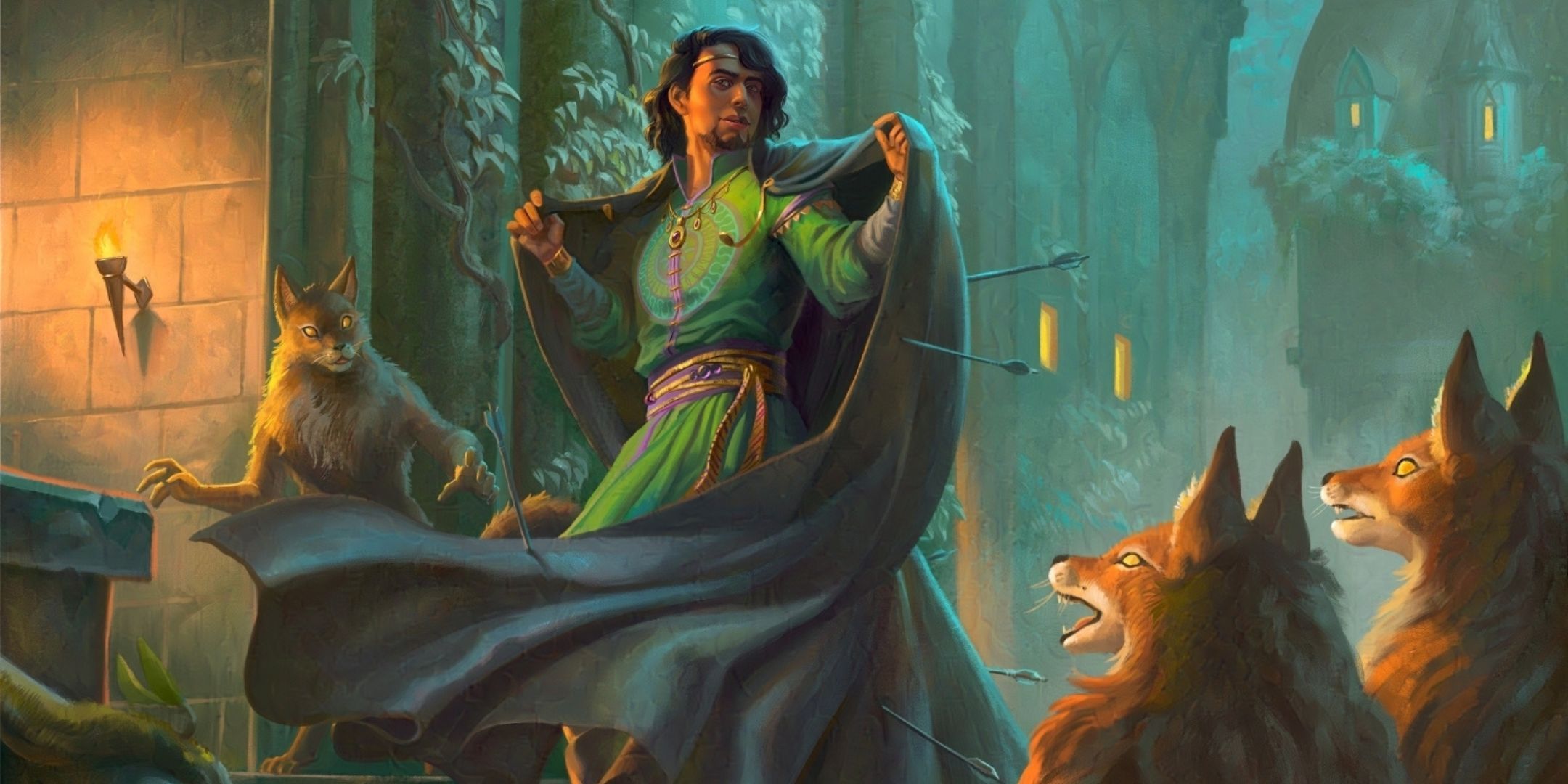 A noble uses his cloak to block arrows before werewolves.