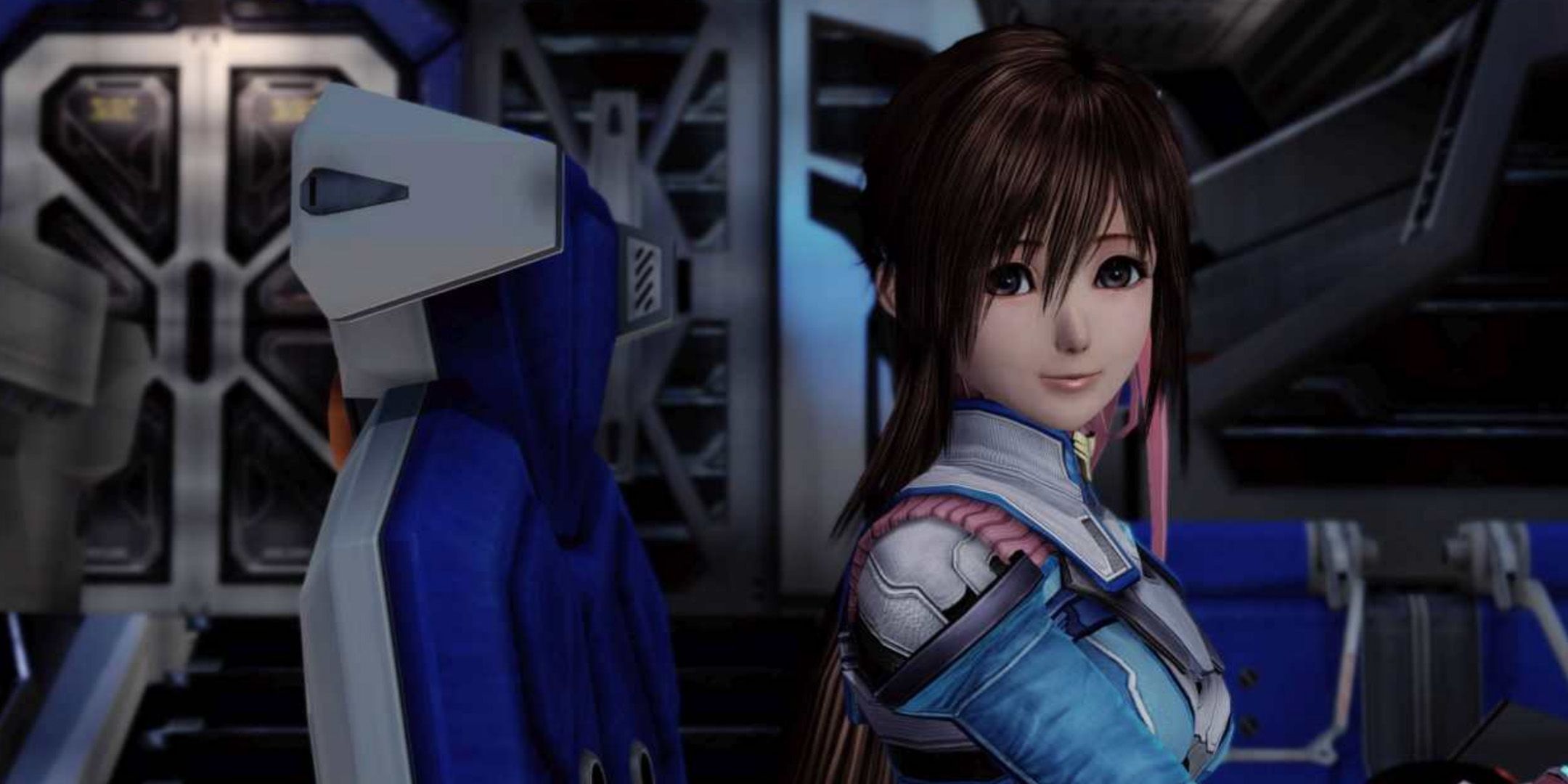 Reimi Saionji smiling while sitting in a spaceship from Star Ocean: The Last Hope.