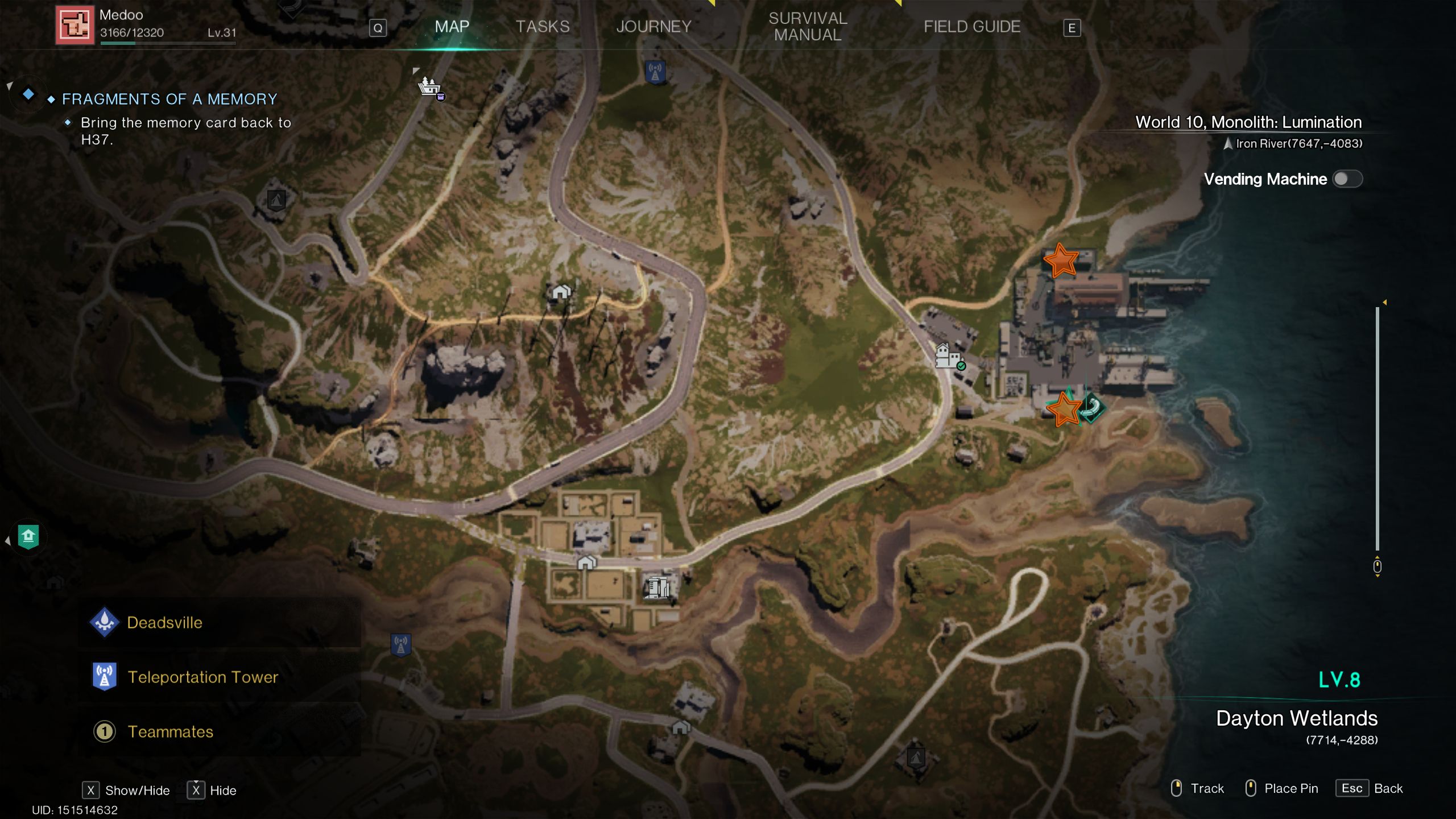Stars on the map showing the two locations you need for the Fragments of Memory quest - Once Human