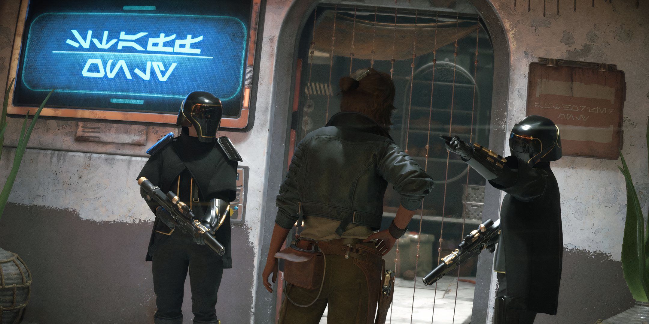 Kay Vess being stopped by the Empire in Star Wars Outlaws.