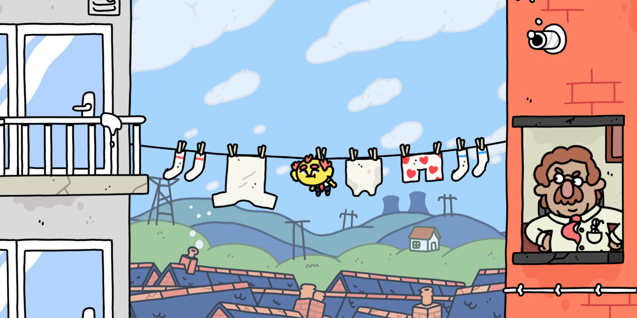 Thank Goodness Youre Here character stuck on a washing line between two buildings while a man angrily looks out of his window