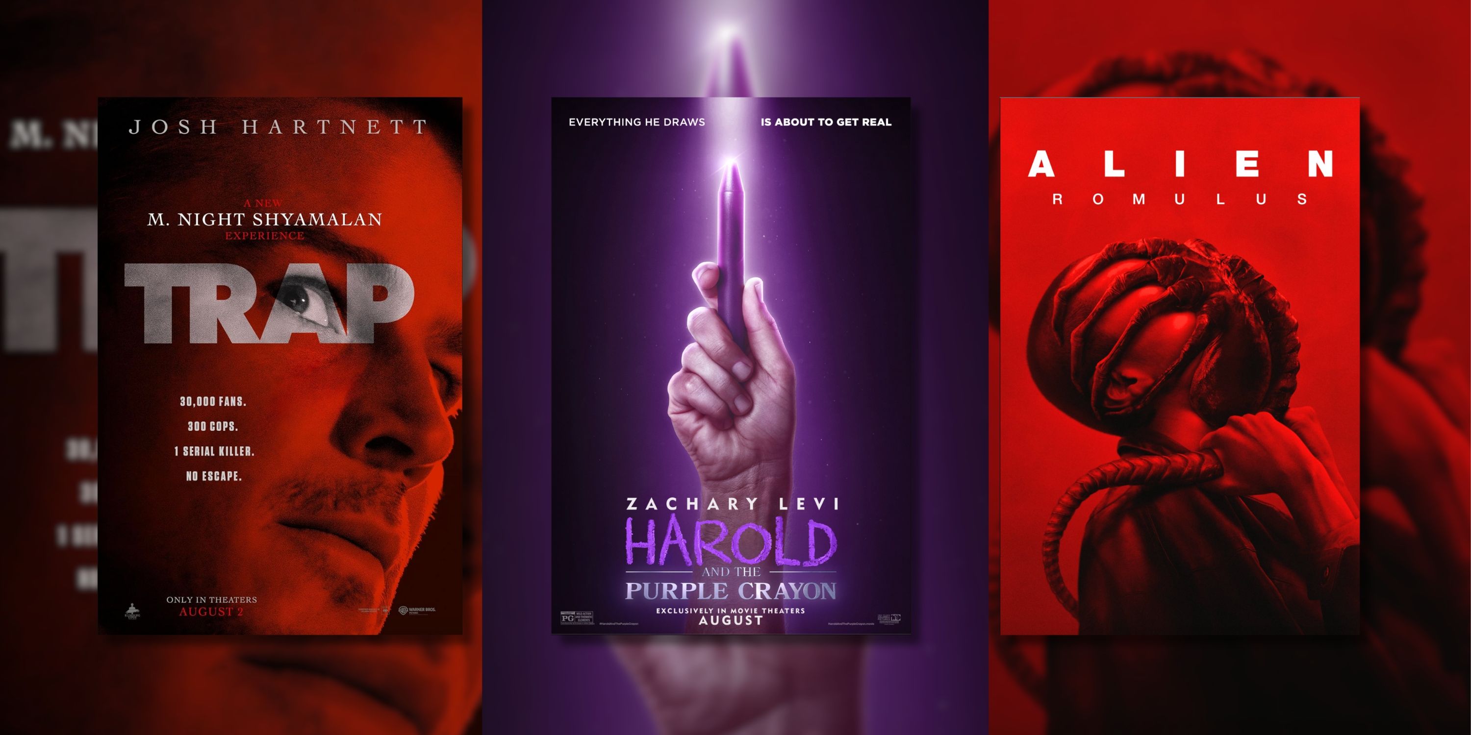 Three movie covers - Trap, Harold and the Purple Crayon, and Alien Romulus