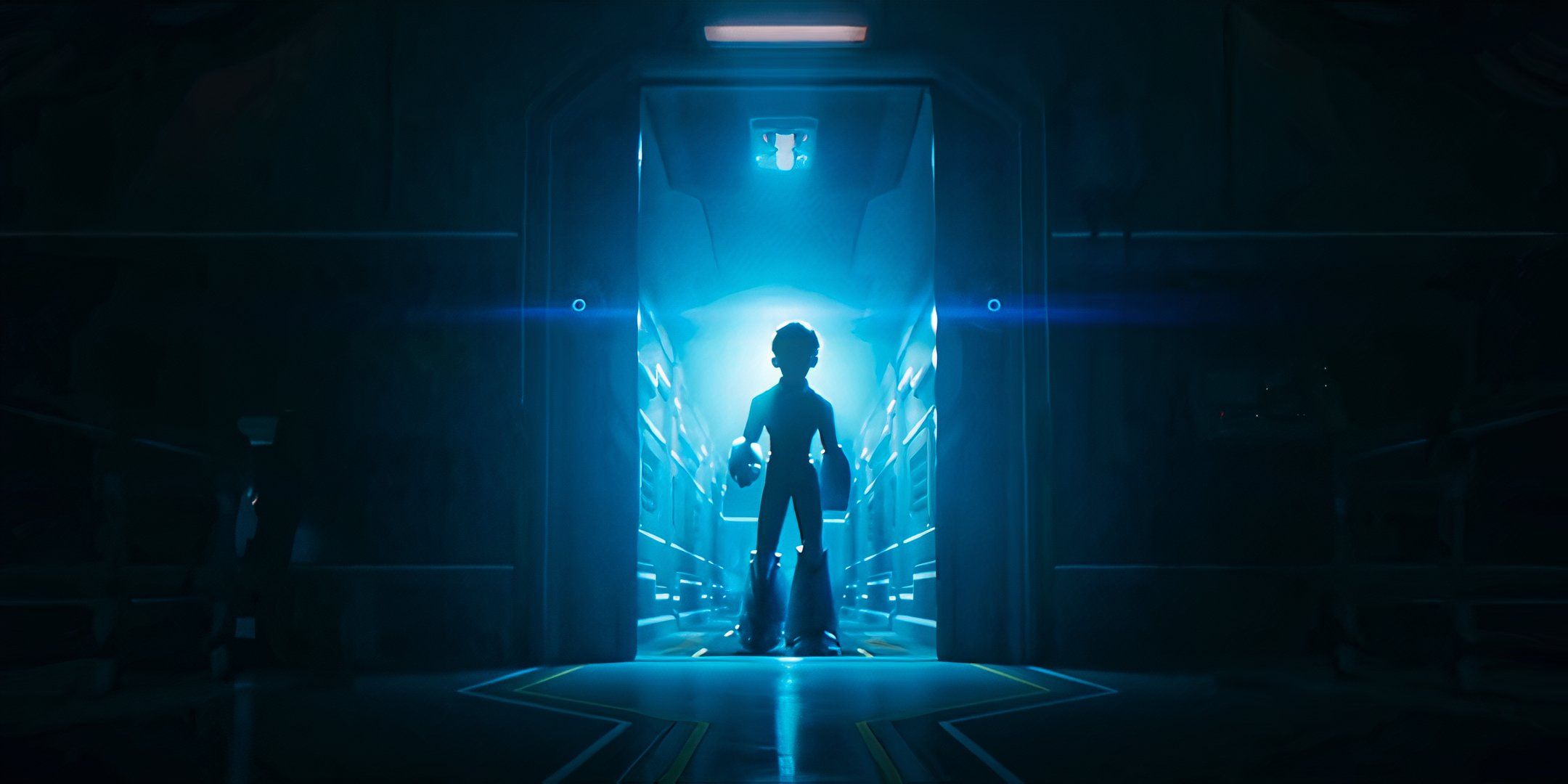 Meg man silhouette standing in open doorway from the Secret Level trailer.