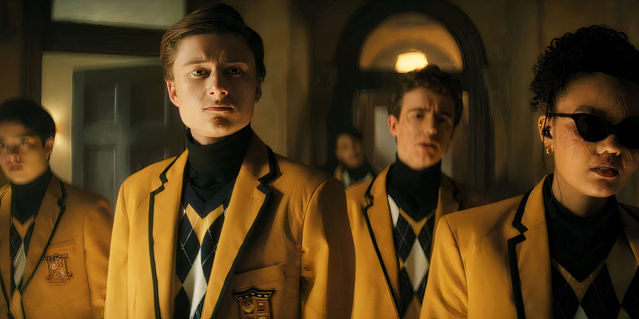 Luthor, Deigo, Klaus, Alphonso and Fie as members of the Phoenix Academy in The Umbrella Academy.