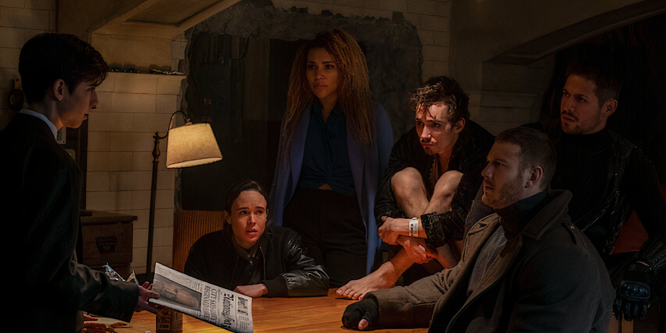 Five, Viktor, Allison, Klaus, Luthor and Diego discuss how to stop the apocalypse in The Umbrella Academy.